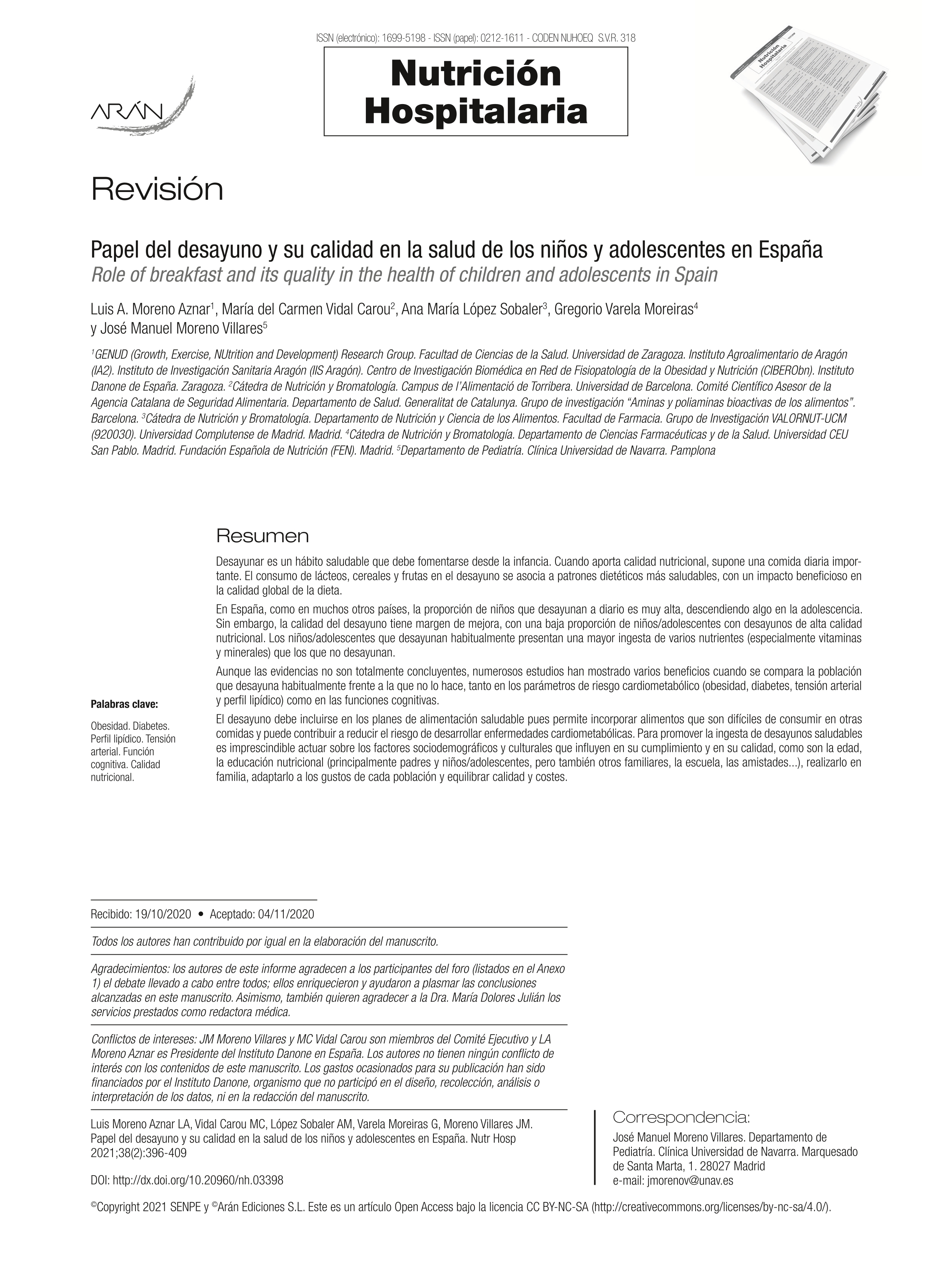 Role of breakfast and its quality in the health of children and adolescents in Spain