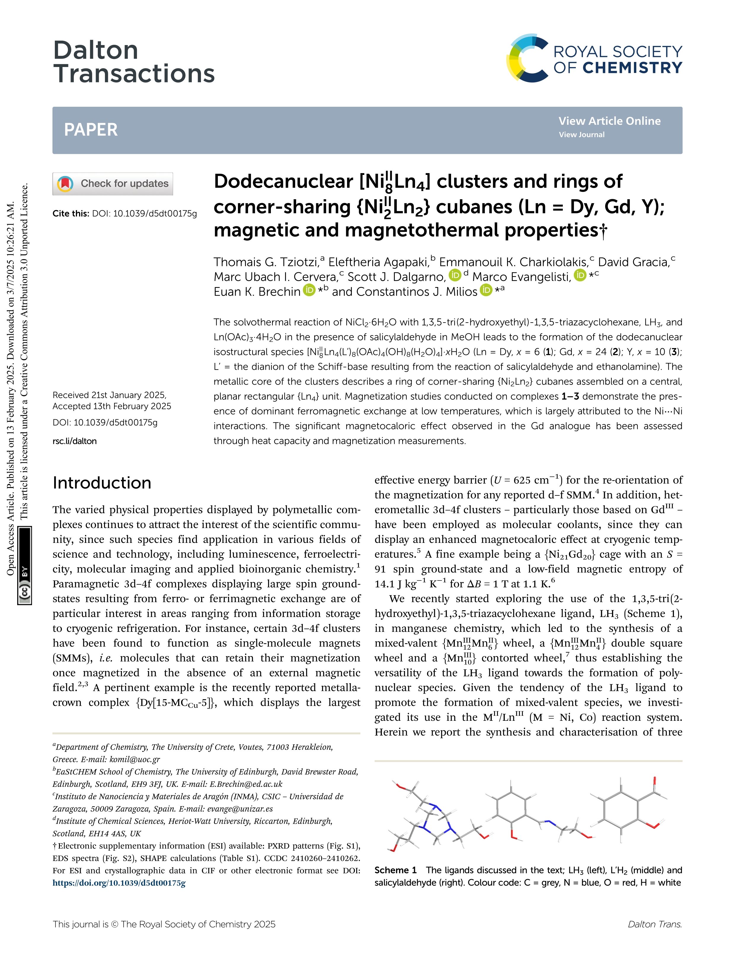 Dodecanuclear [NiII8Ln<sub>4</sub>] clusters and rings of corner-sharing {NiII2Ln<sub>2</sub>} cubanes (Ln = Dy, Gd, Y); magnetic and magnetothermal properties