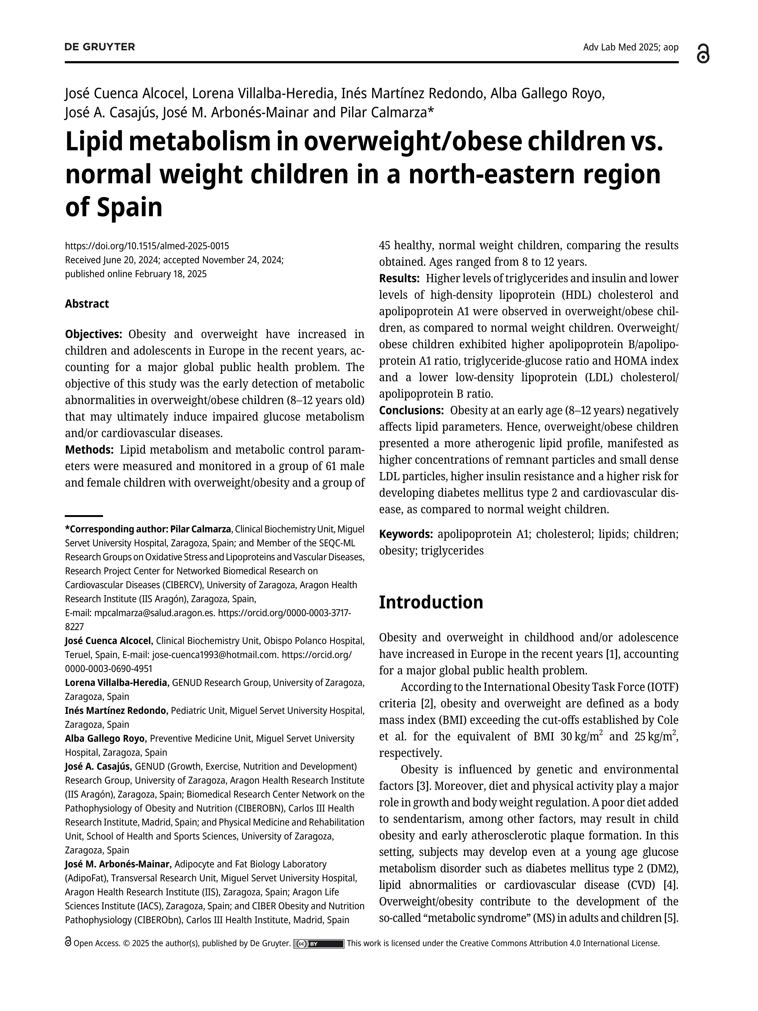 Lipid metabolism in overweight/obese children vs. normal weight children in a north-eastern region of Spain