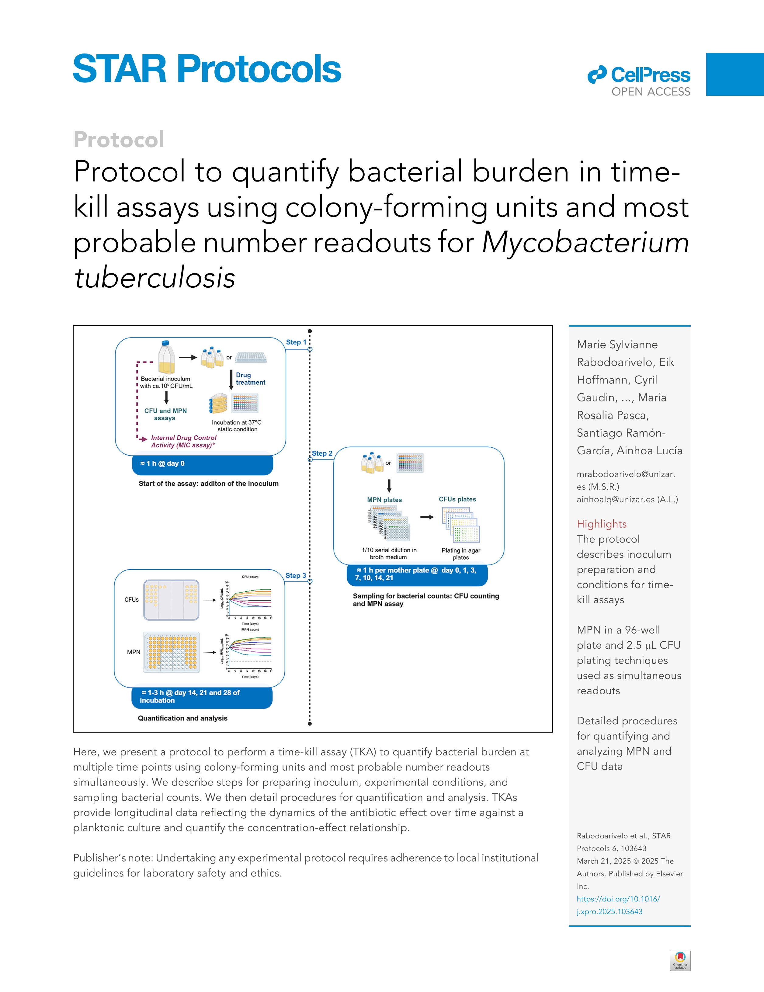 Protocol to quantify bacterial burden in time-kill assays using colony-forming units and most probable number readouts for Mycobacterium tuberculosis