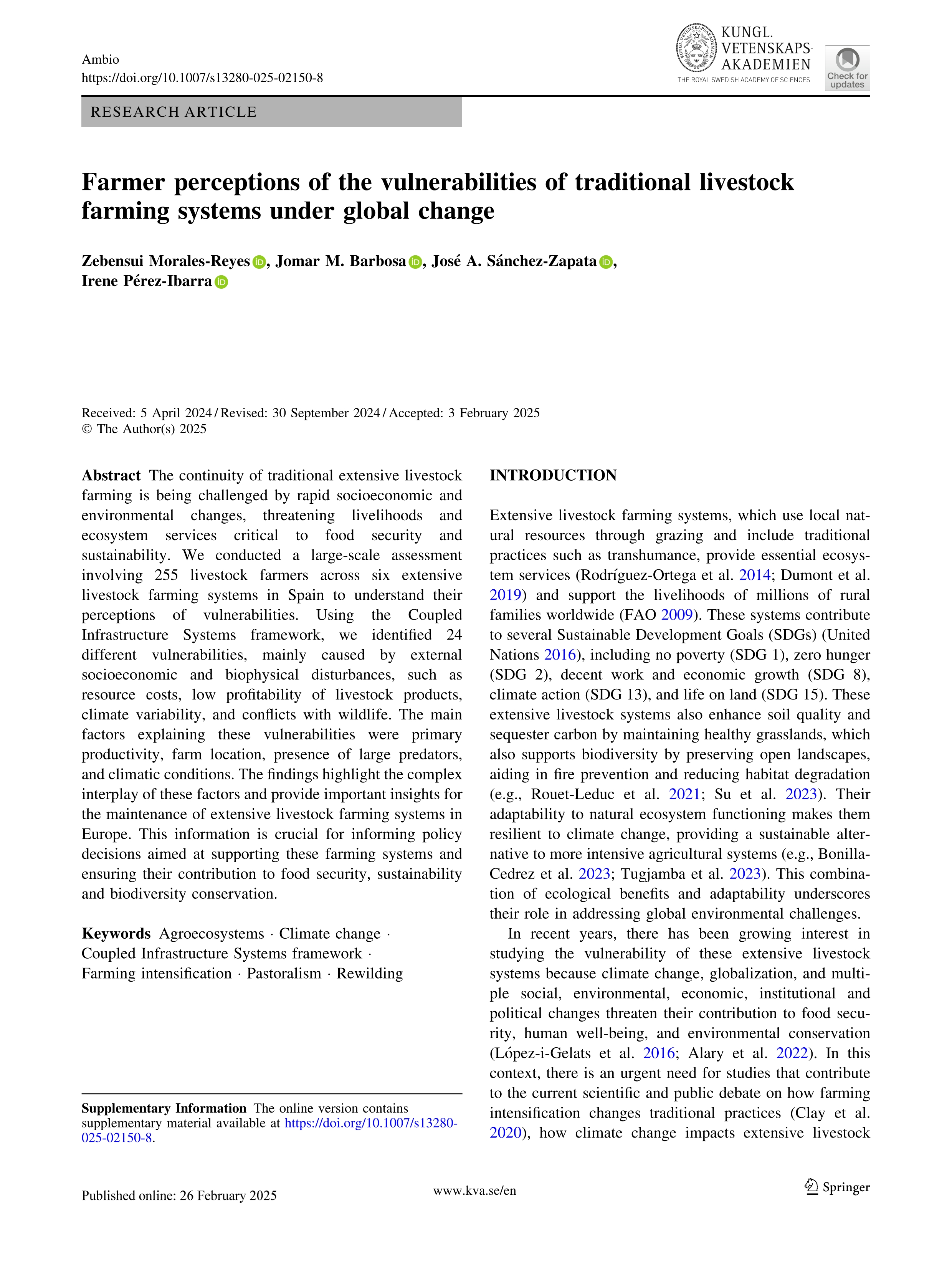Farmer perceptions of the vulnerabilities of traditional livestock farming systems under global change
