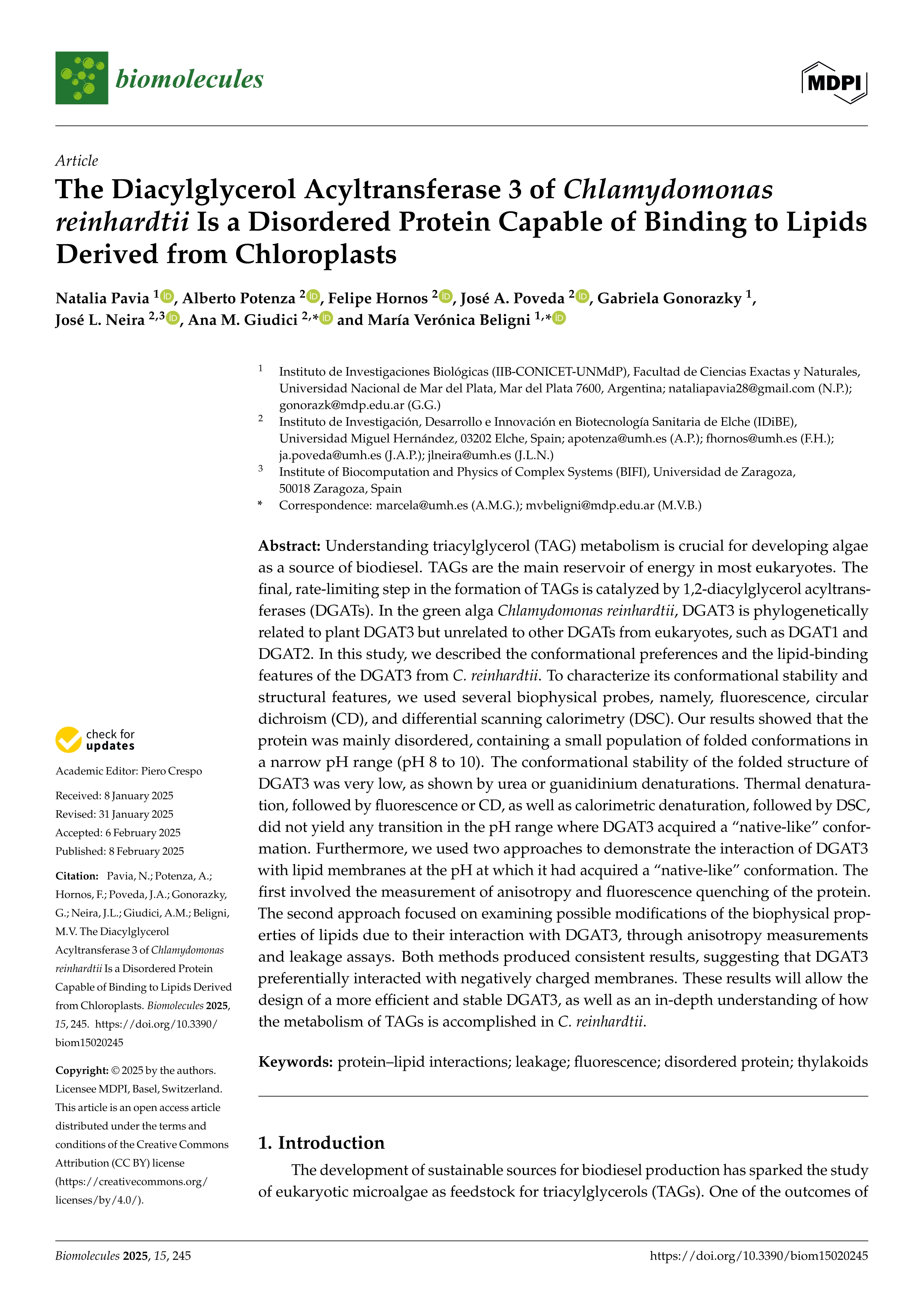 The Diacylglycerol Acyltransferase 3 of Chlamydomonas reinhardtii Is a Disordered Protein Capable of Binding to Lipids Derived from Chloroplasts