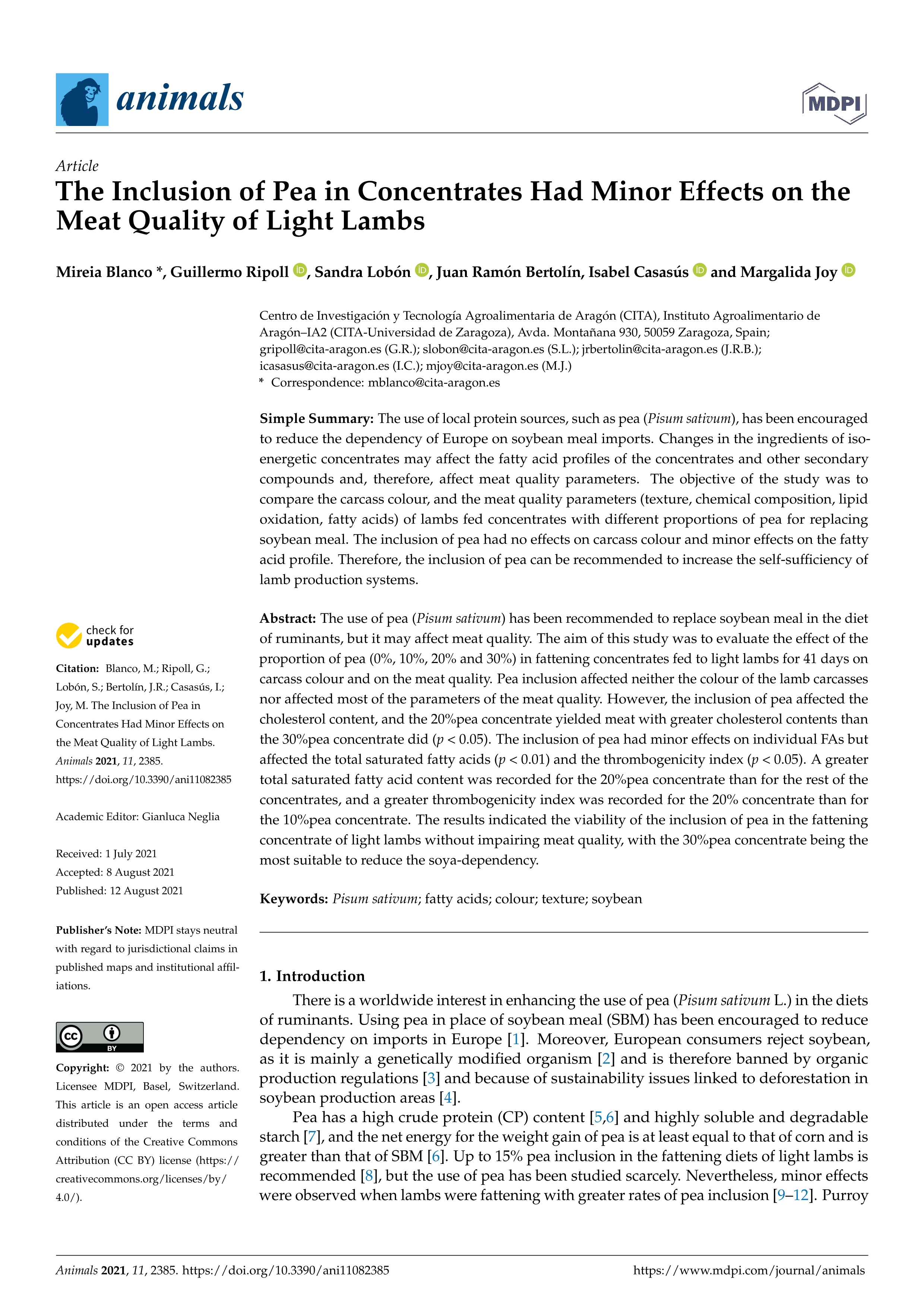 The inclusion of pea in concentrates had minor effects on the meat quality of light lambs