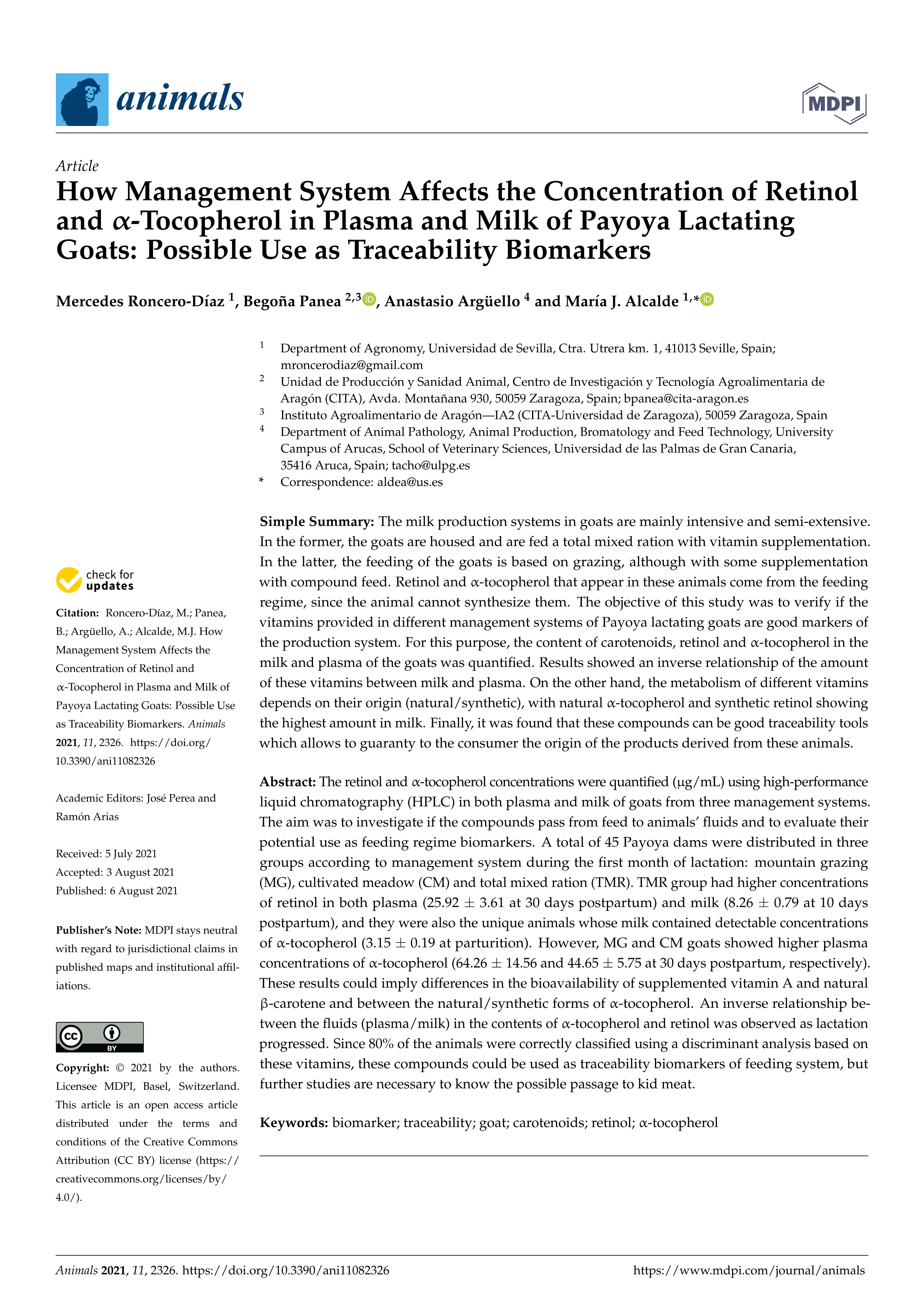 How management system affects the concentration of retinol and a-tocopherol in plasma and milk of payoya lactating goats: Possible use as traceability biomarkers