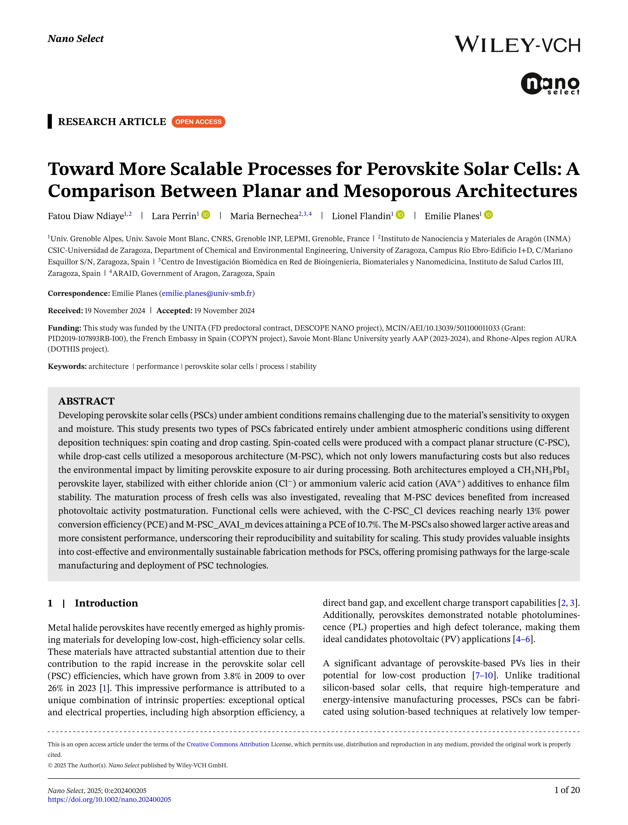 Toward more scalable processes for Perovskite solar cells: a comparison between planar and mesoporous architectures