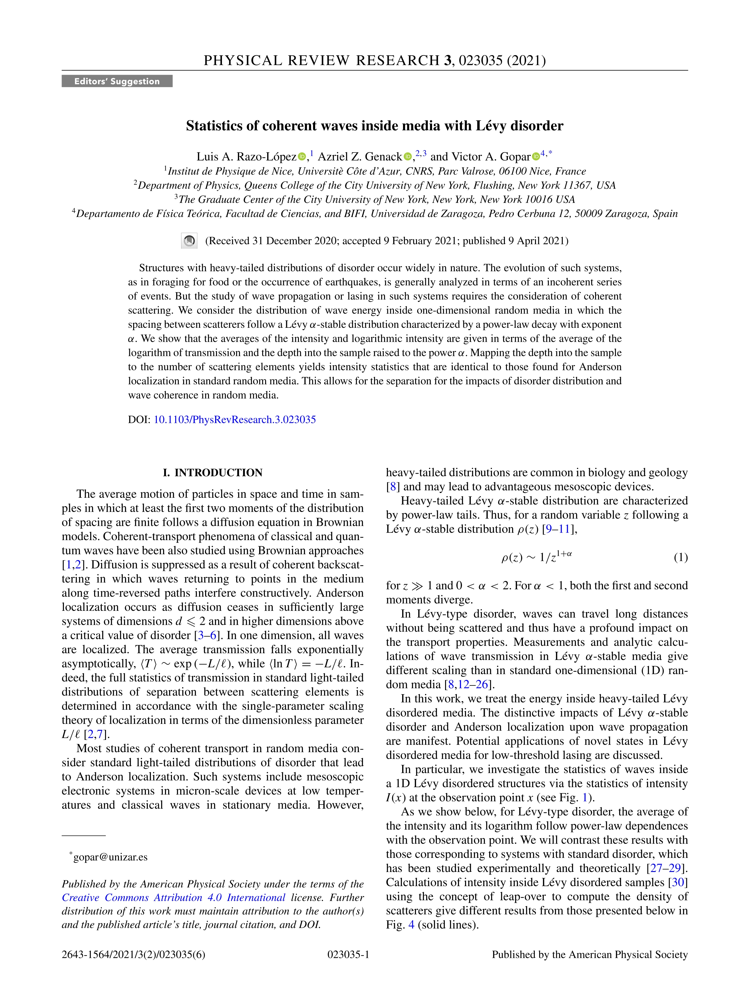 Statistics of coherent waves inside media with Lévy disorder