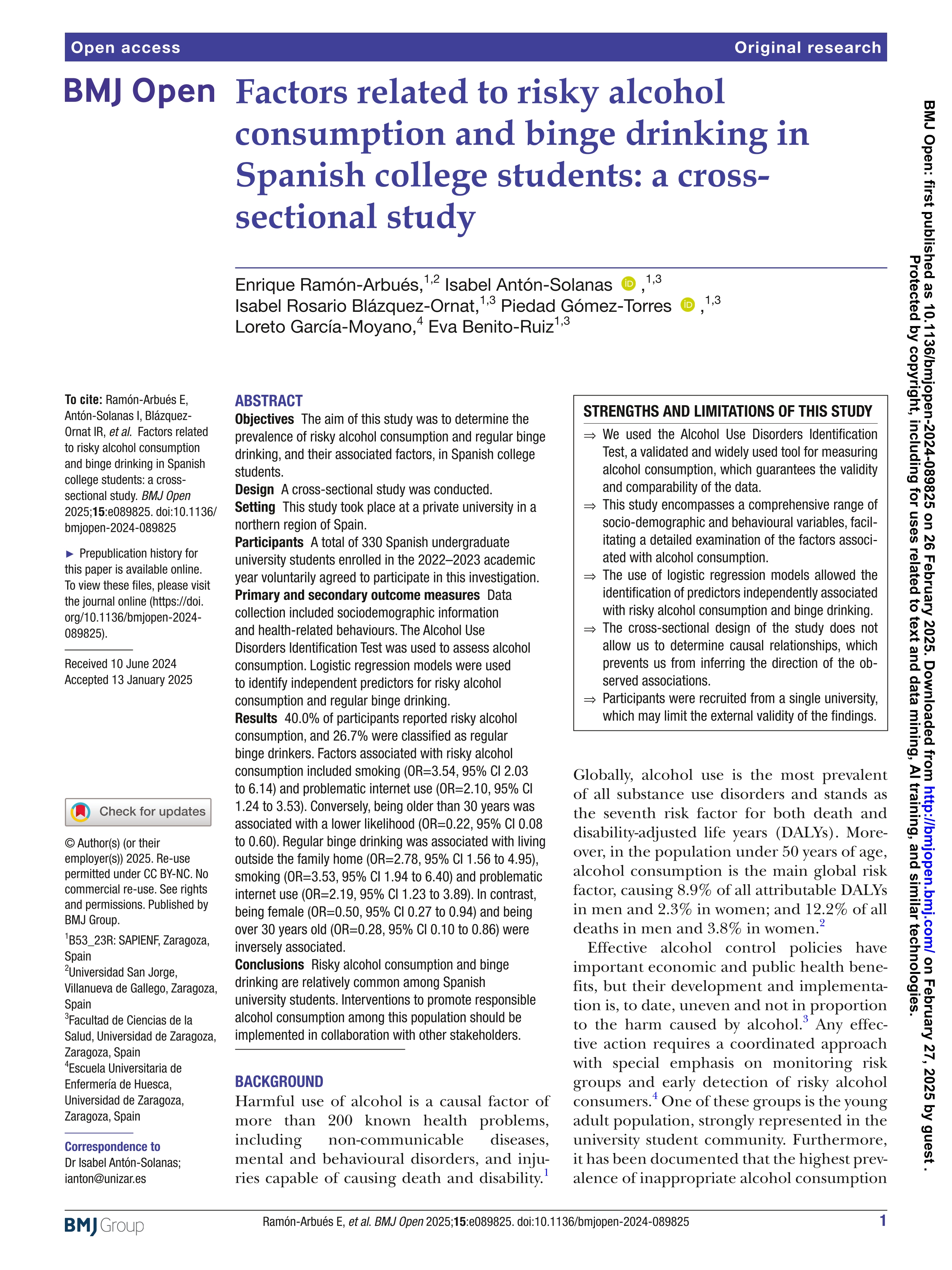 Factors related to risky alcohol consumption and binge drinking in Spanish college students: a cross-sectional study