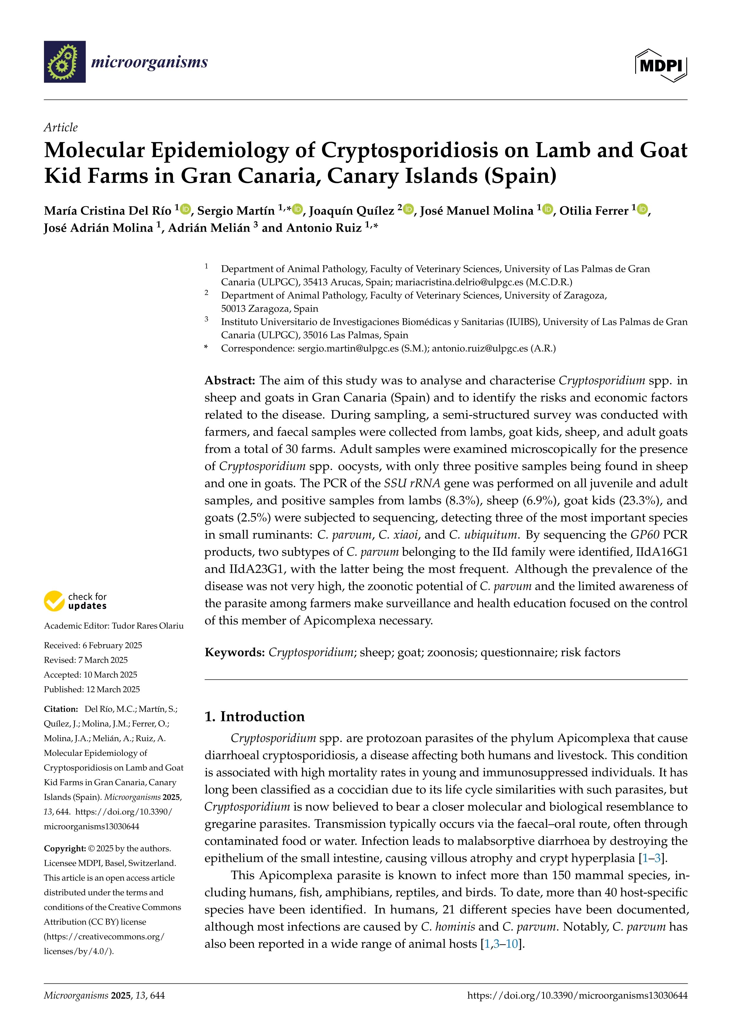 Molecular Epidemiology of Cryptosporidiosis on Lamb and Goat Kid Farms in Gran Canaria, Canary Islands (Spain)