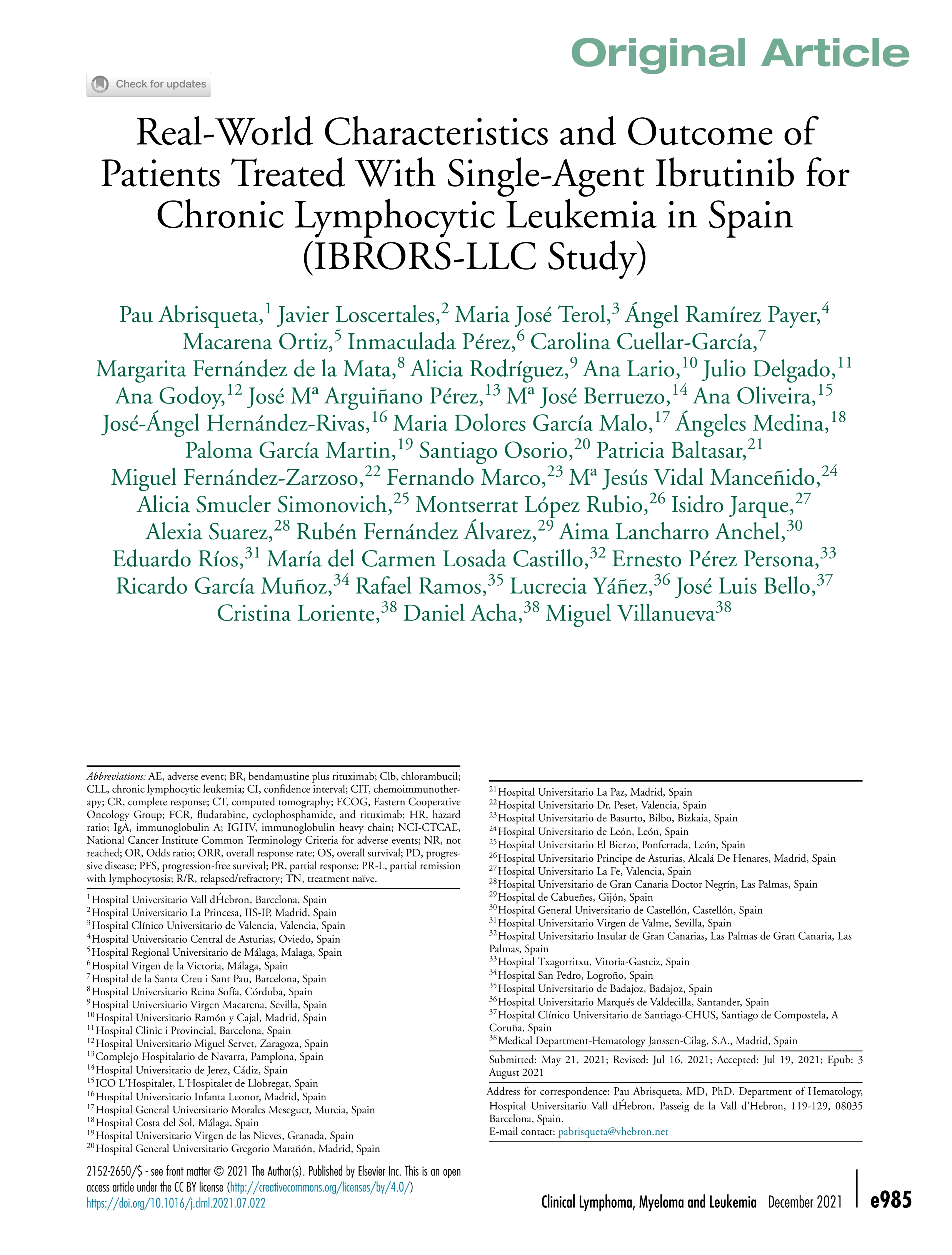 Real-World Characteristics and Outcome of Patients Treated With Single-Agent Ibrutinib for Chronic Lymphocytic Leukemia in Spain (IBRORS-LLC Study)