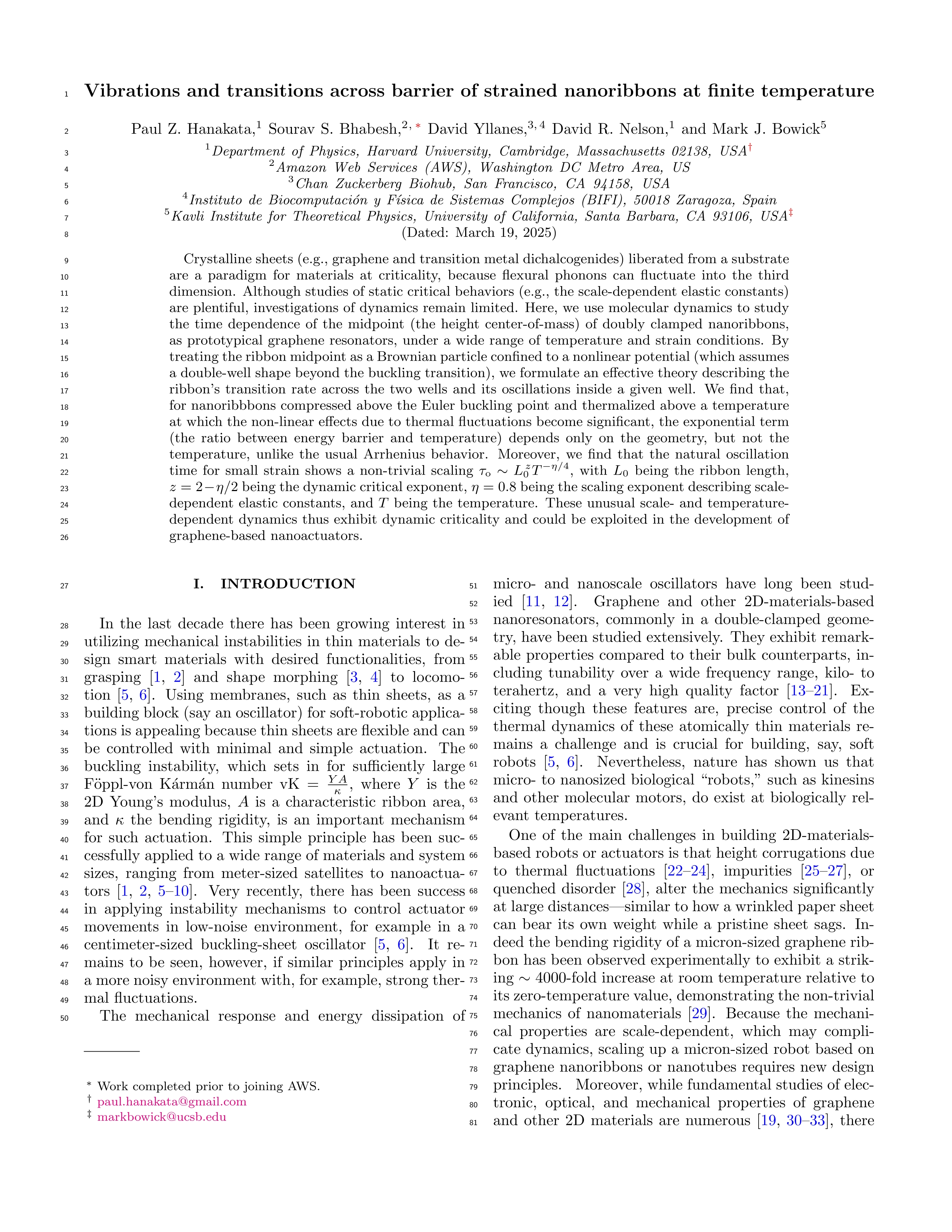 Vibrations and transitions across barrier of strained nanoribbons at finite temperature