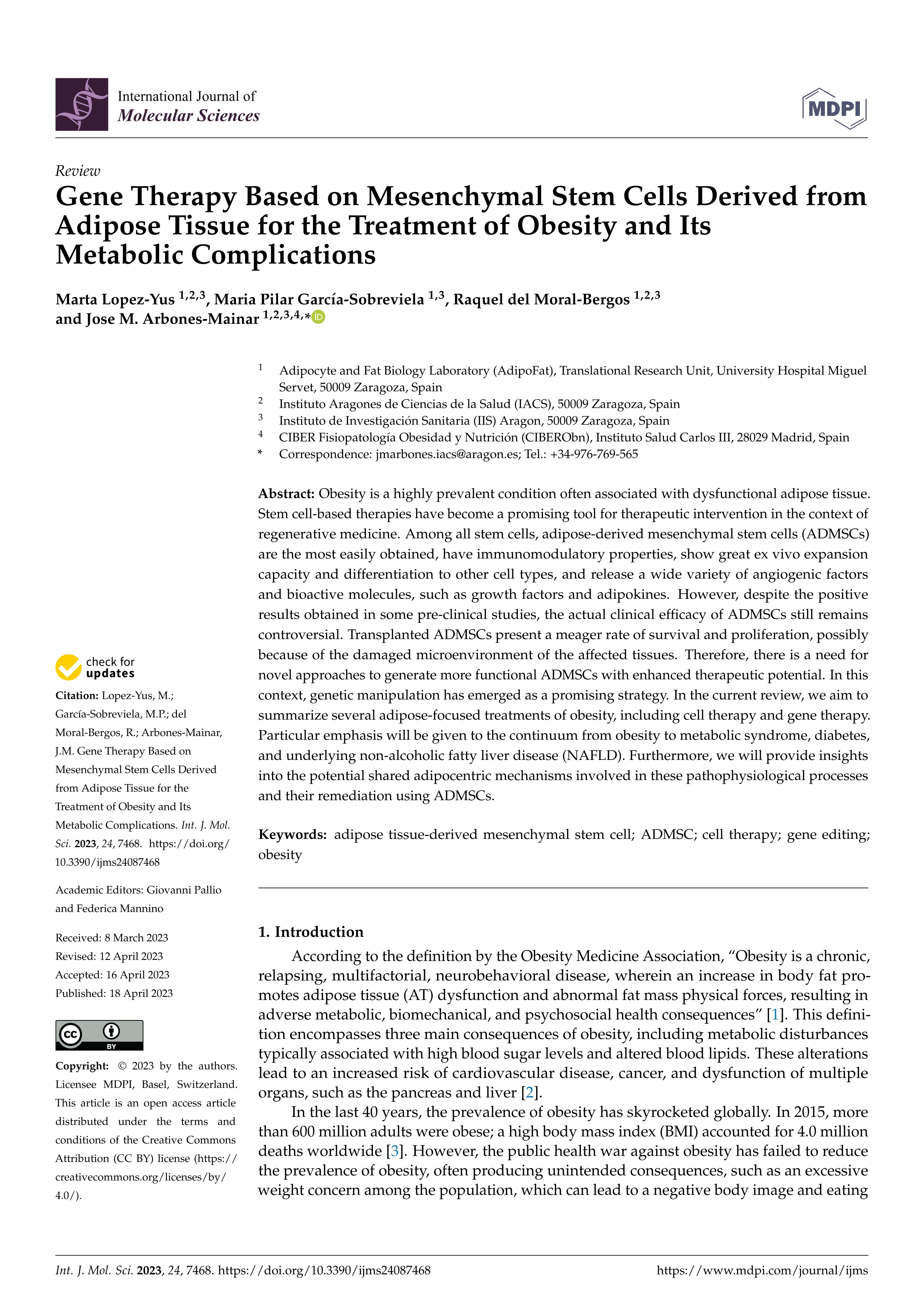 Gene Therapy Based on Mesenchymal Stem Cells Derived from Adipose Tissue for the Treatment of Obesity and Its Metabolic Complications