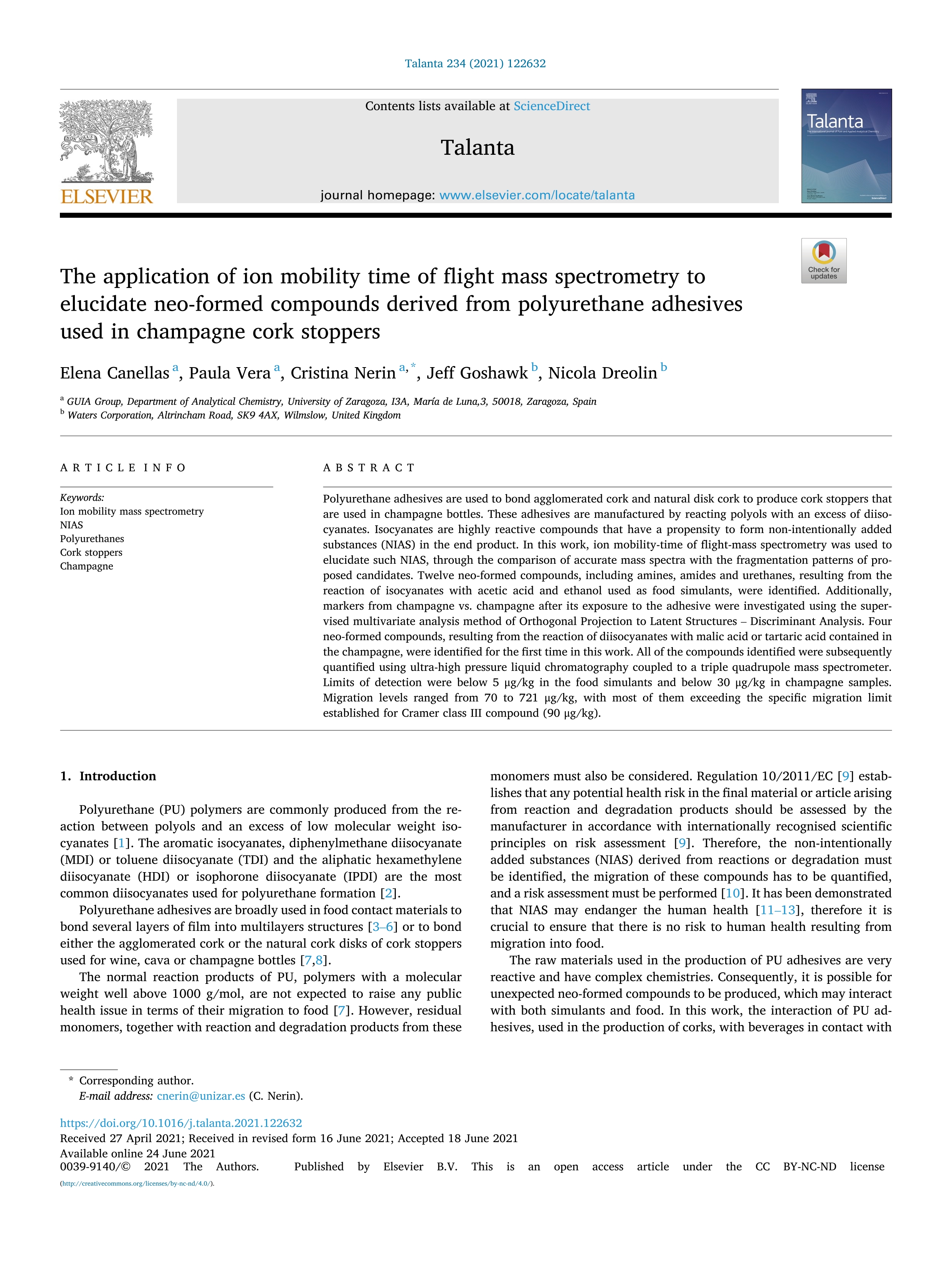 The application of ion mobility time of flight mass spectrometry to elucidate neo-formed compounds derived from polyurethane adhesives used in champagne cork stoppers