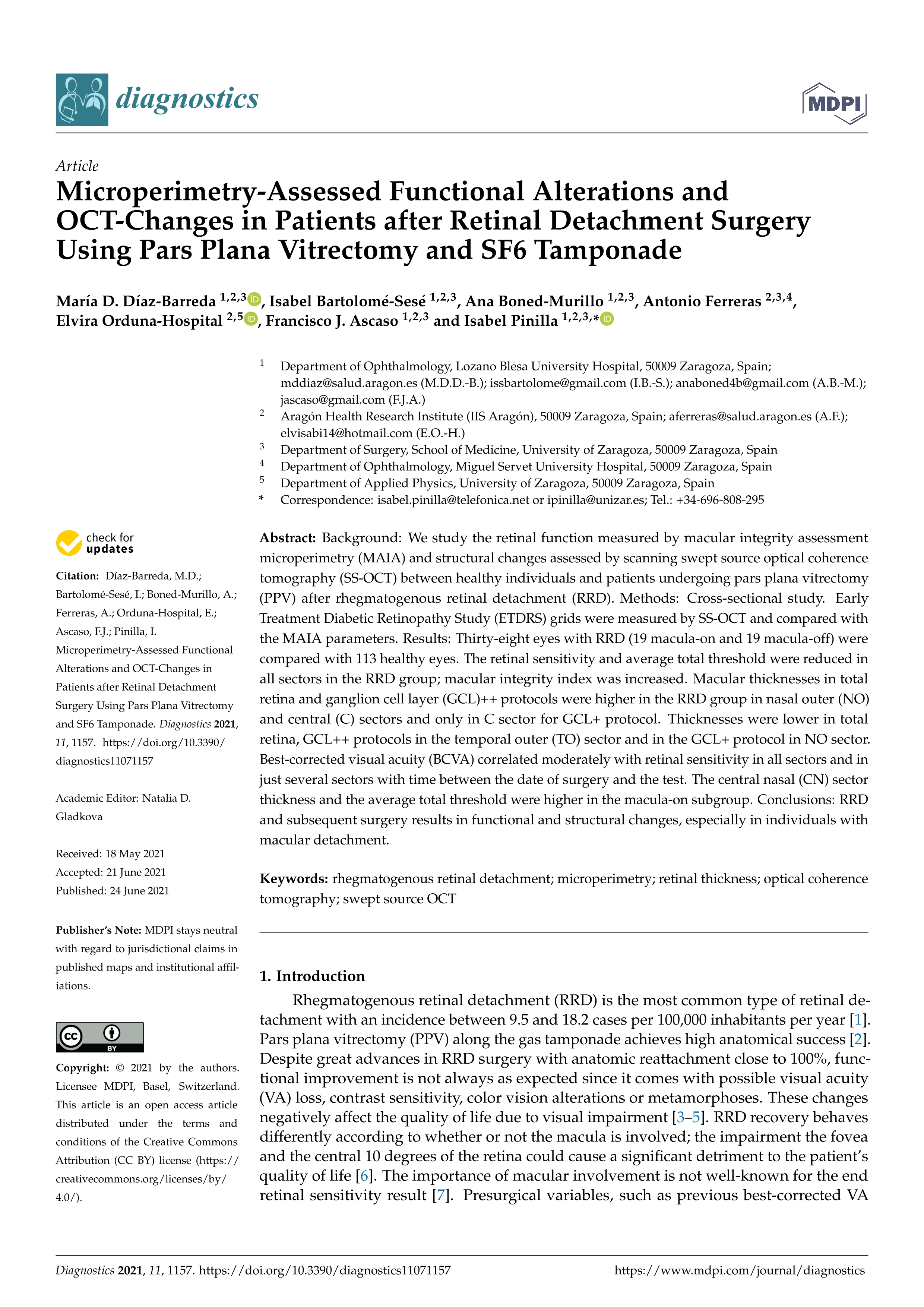 Microperimetry-assessed functional alterations and OCT-changes in patients after retinal detachment surgery using pars plana vitrectomy and SF6 tamponade