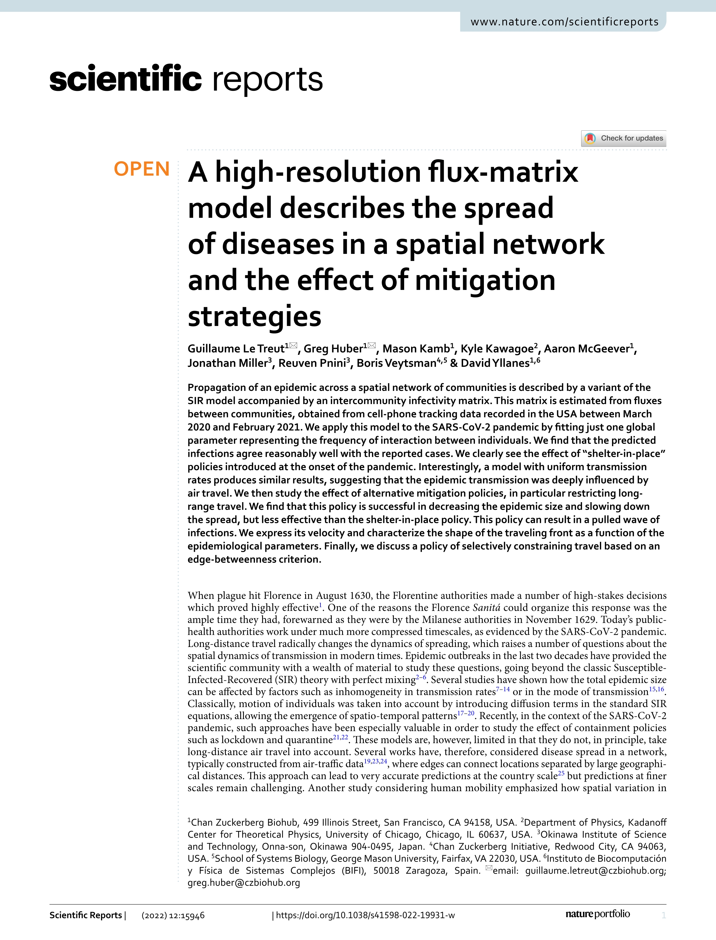 A high-resolution flux-matrix model describes the spread of diseases in a spatial network and the effect of mitigation strategies
