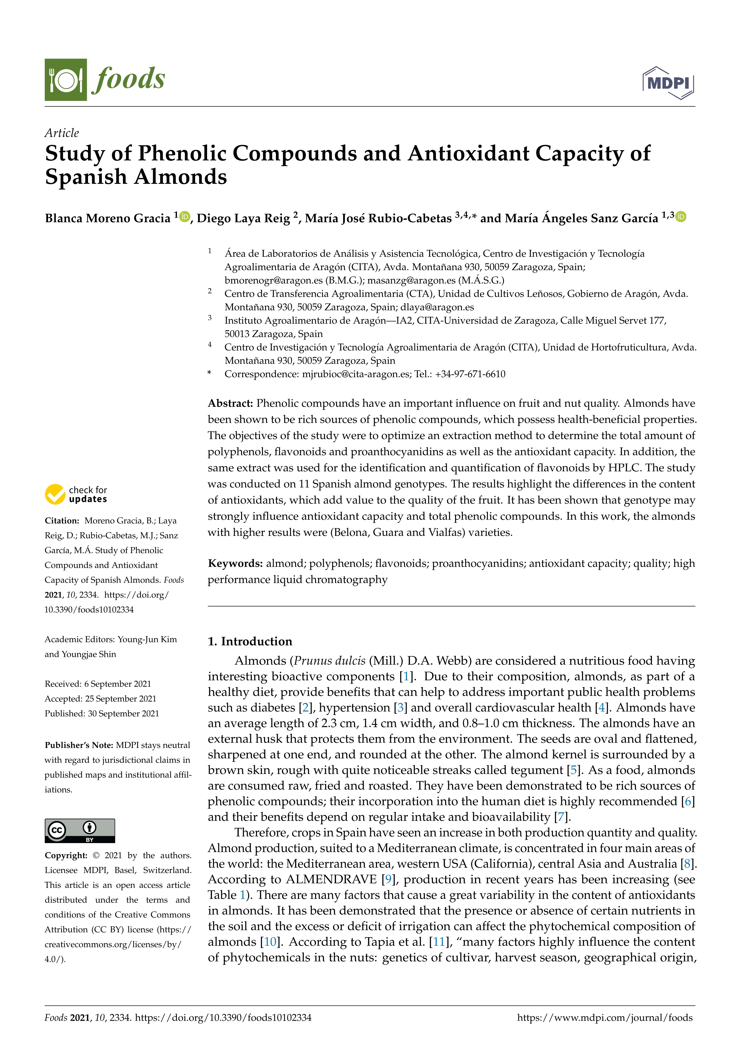 Study of phenolic compounds and antioxidant capacity of spanish almonds