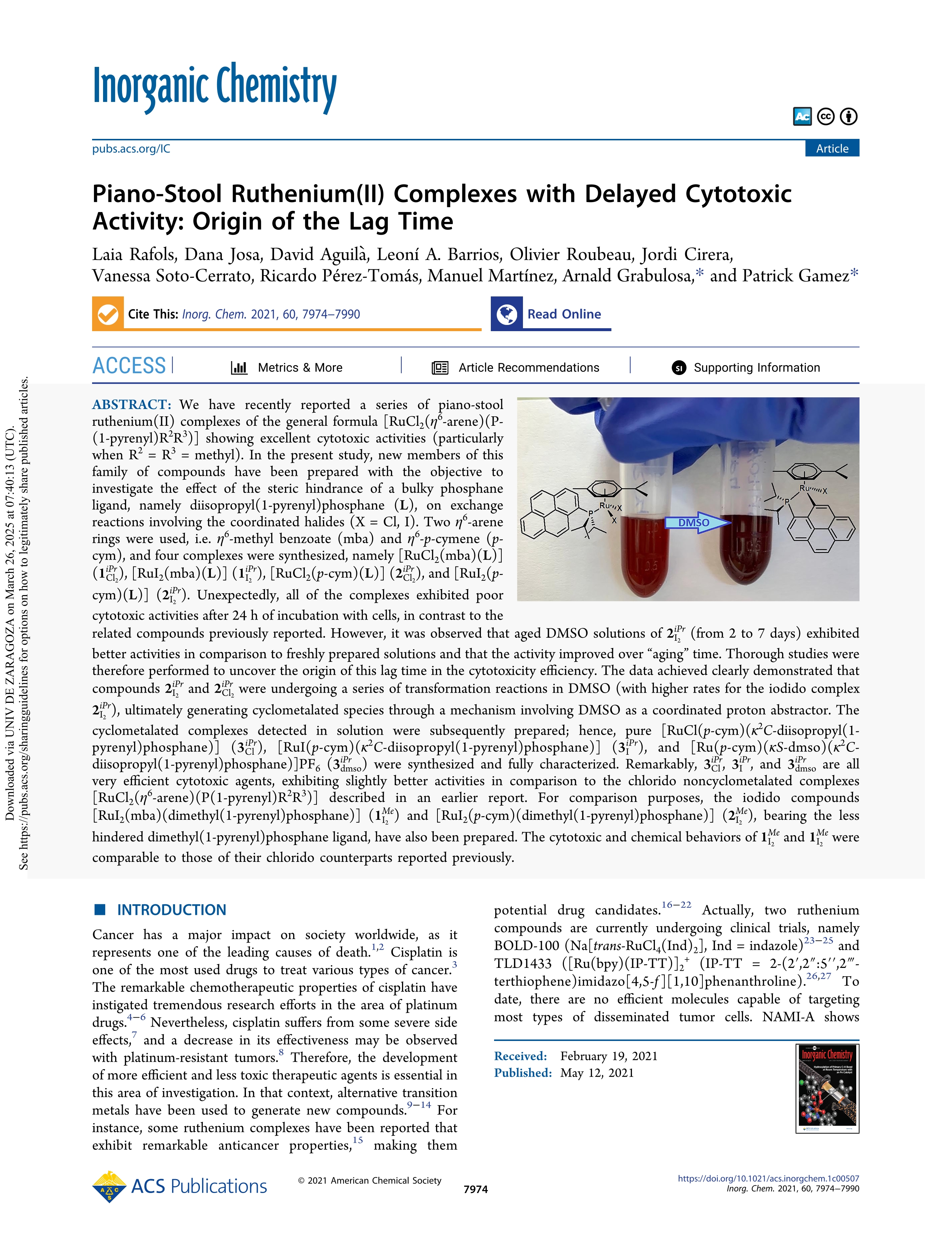 Piano-Stool Ruthenium(II) Complexes with Delayed Cytotoxic Activity: Origin of the Lag Time