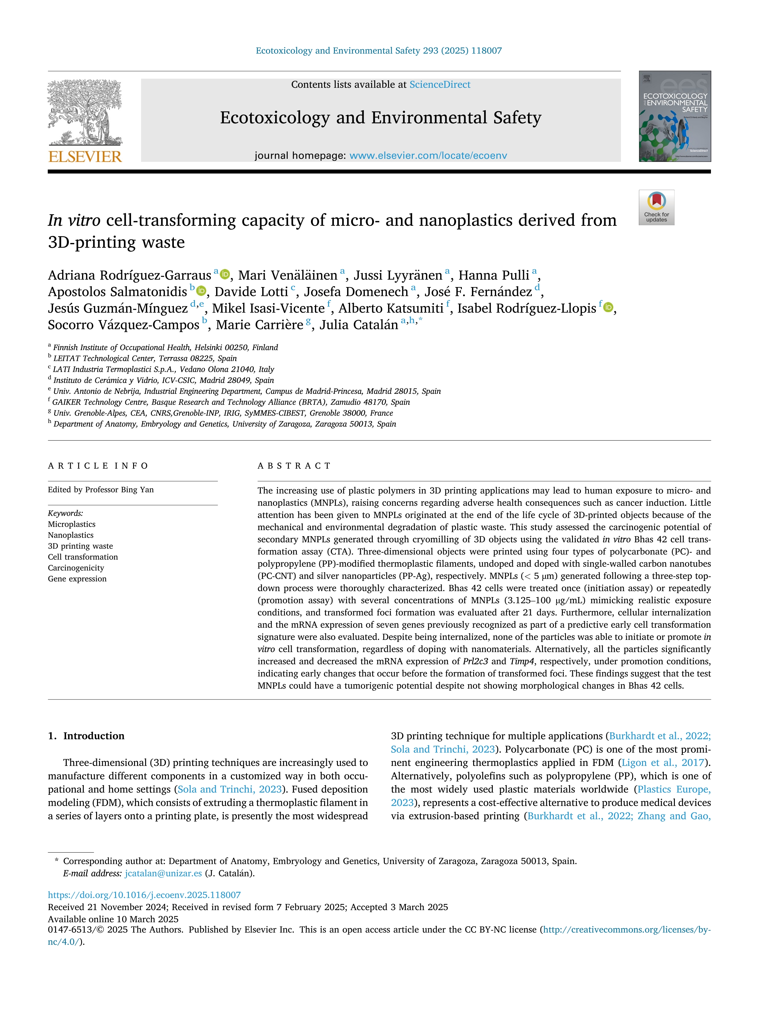 In vitro cell-transforming capacity of micro- and nanoplastics derived from 3D-printing waste