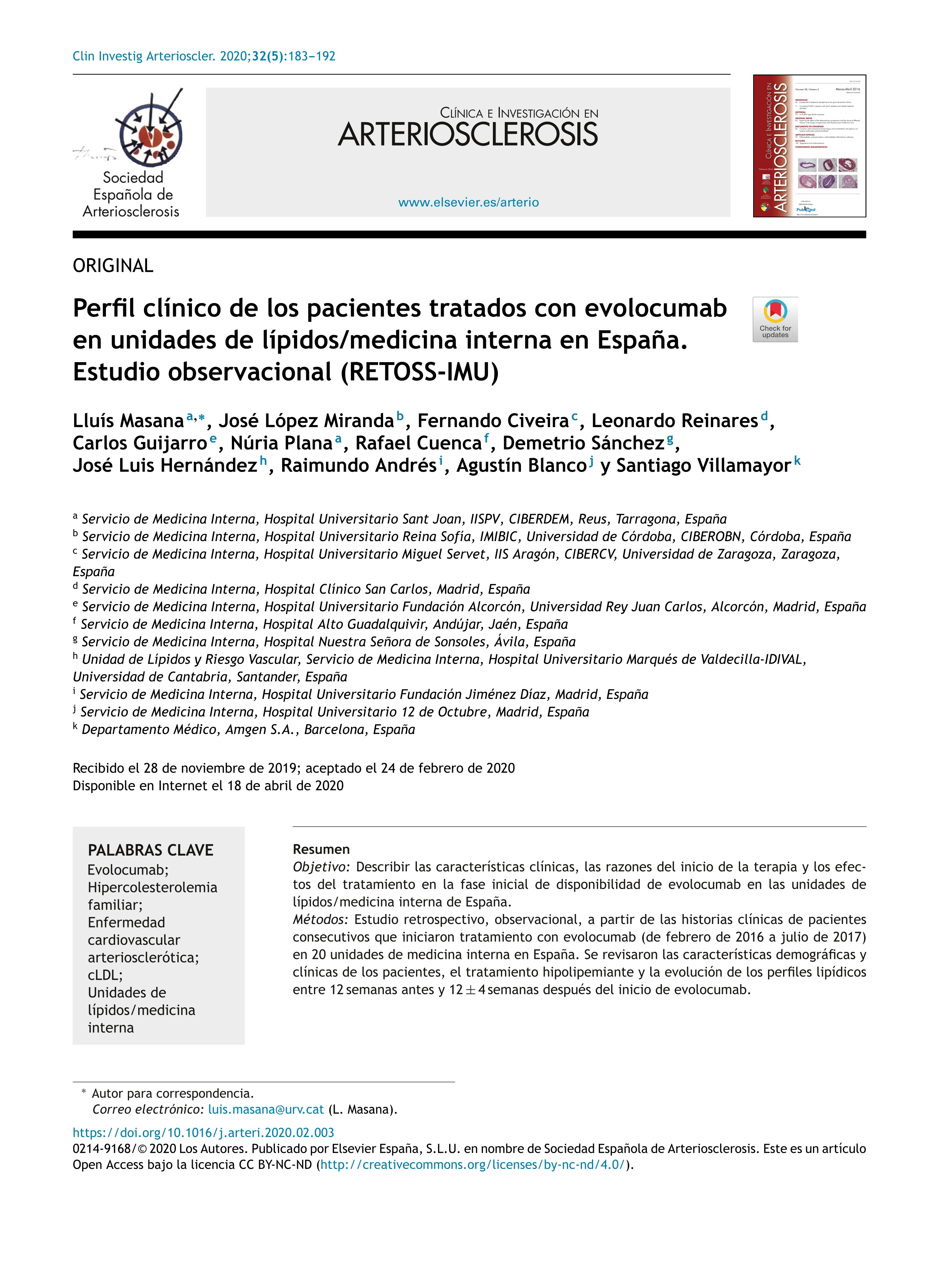 Perfil clínico de los pacientes tratados con evolocumab en unidades de lípidos/medicina interna en España. Estudio observacional (RETOSS-IMU)