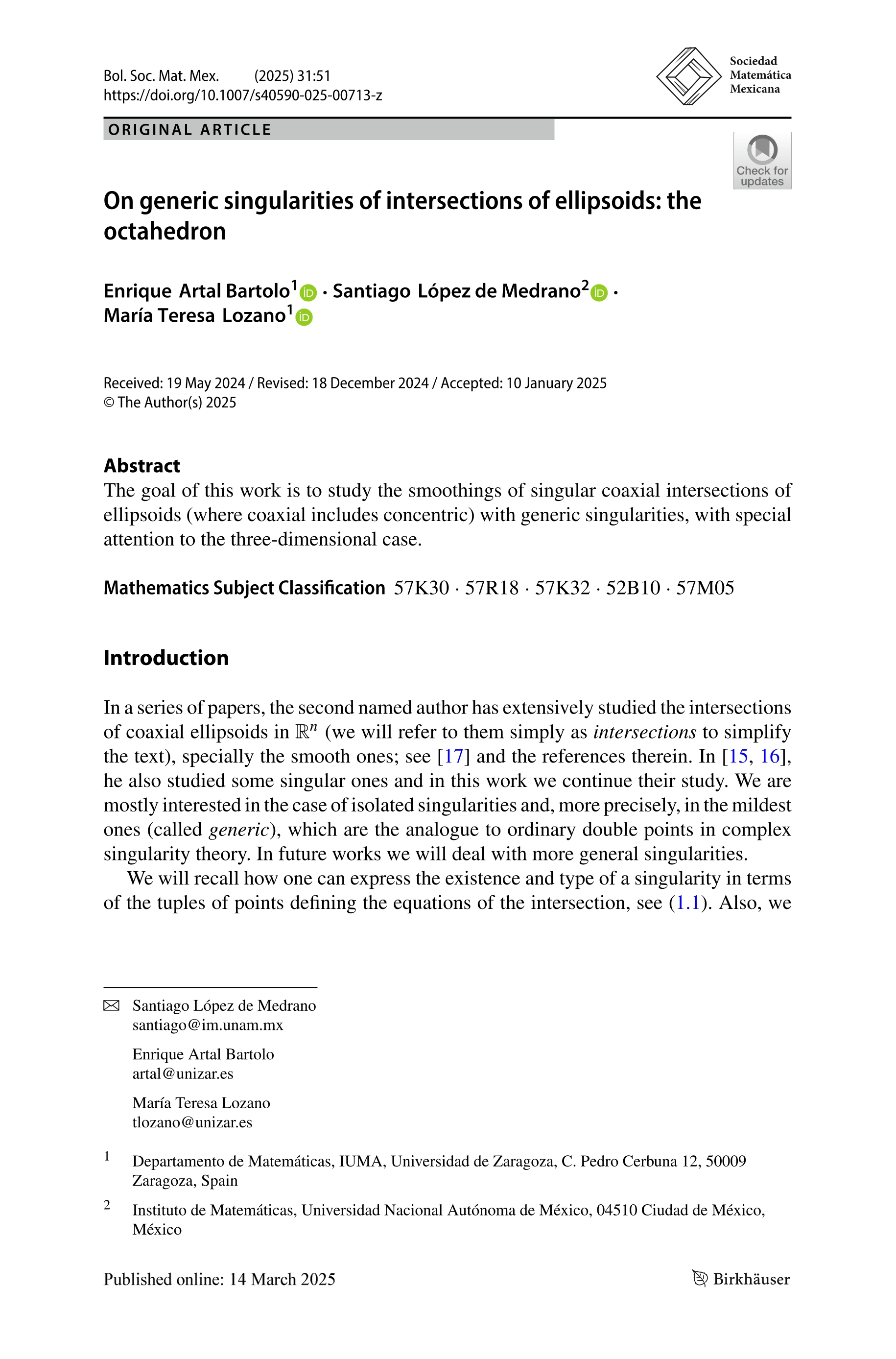 On generic singularities of intersections of ellipsoids: the octahedron