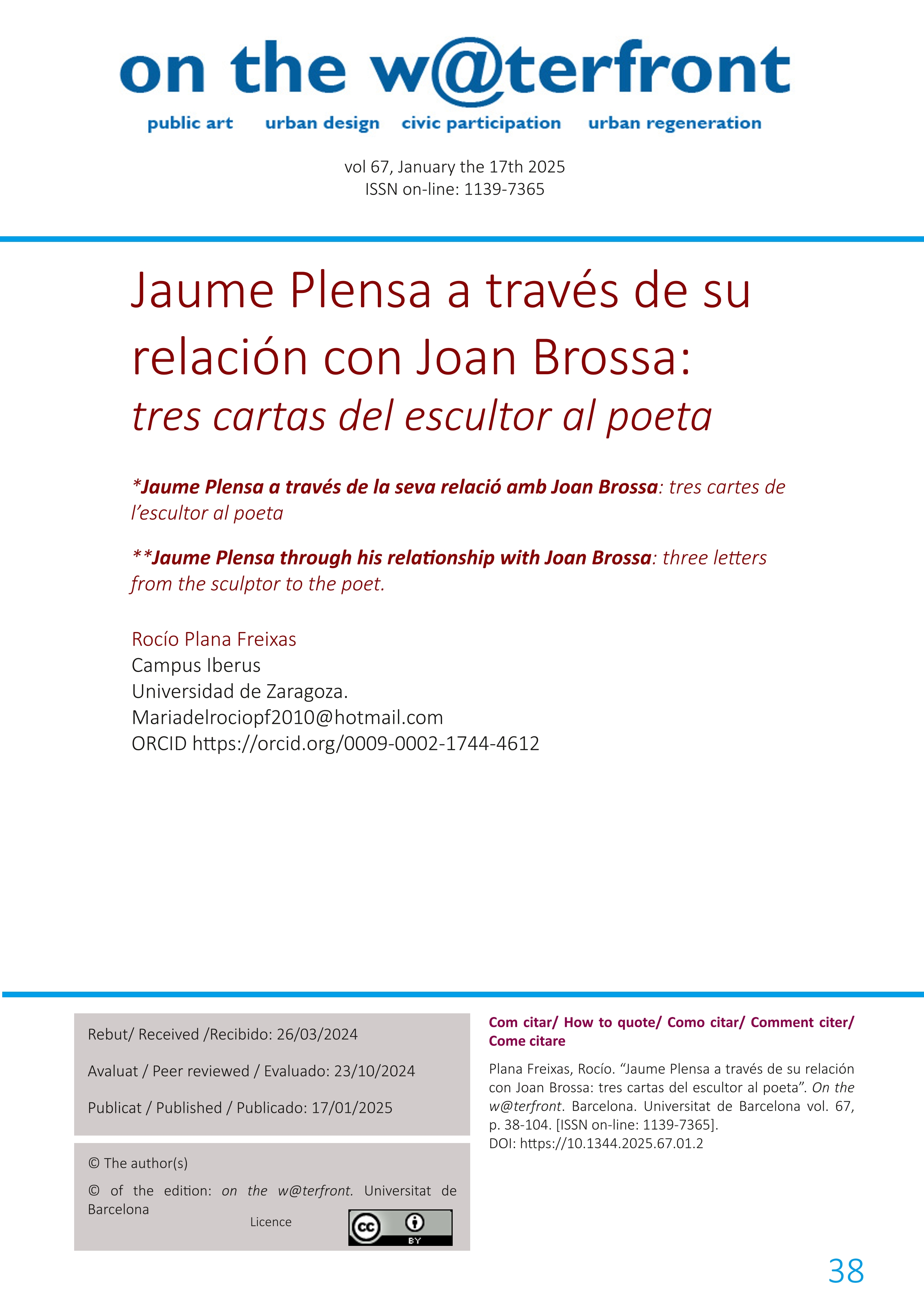 Jaume Plensa a través de su relación con Joan Brossa: tres cartas del escultor al poeta