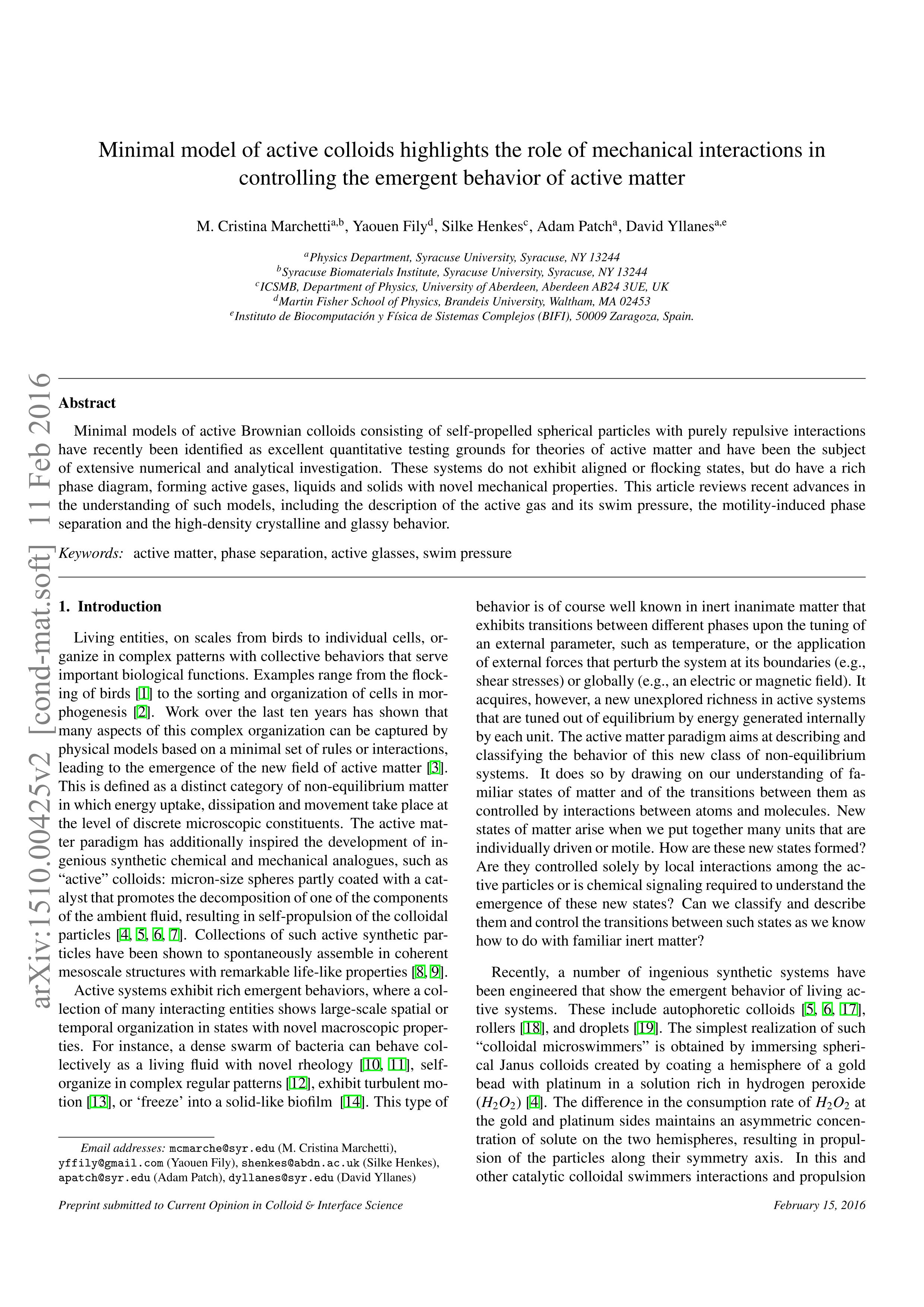 Minimal model of active colloids highlights the role of mechanical interactions in controlling the emergent behavior of active matter