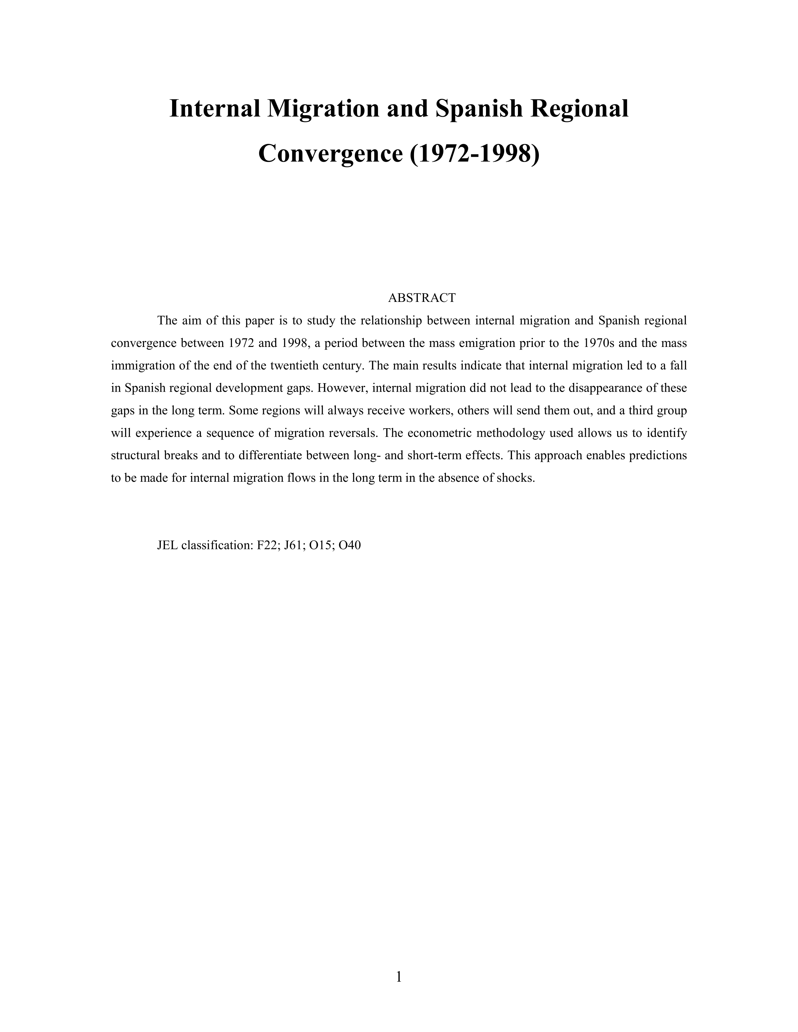 Internal Migration and Spanish Regional Convergence (1972-1998)
