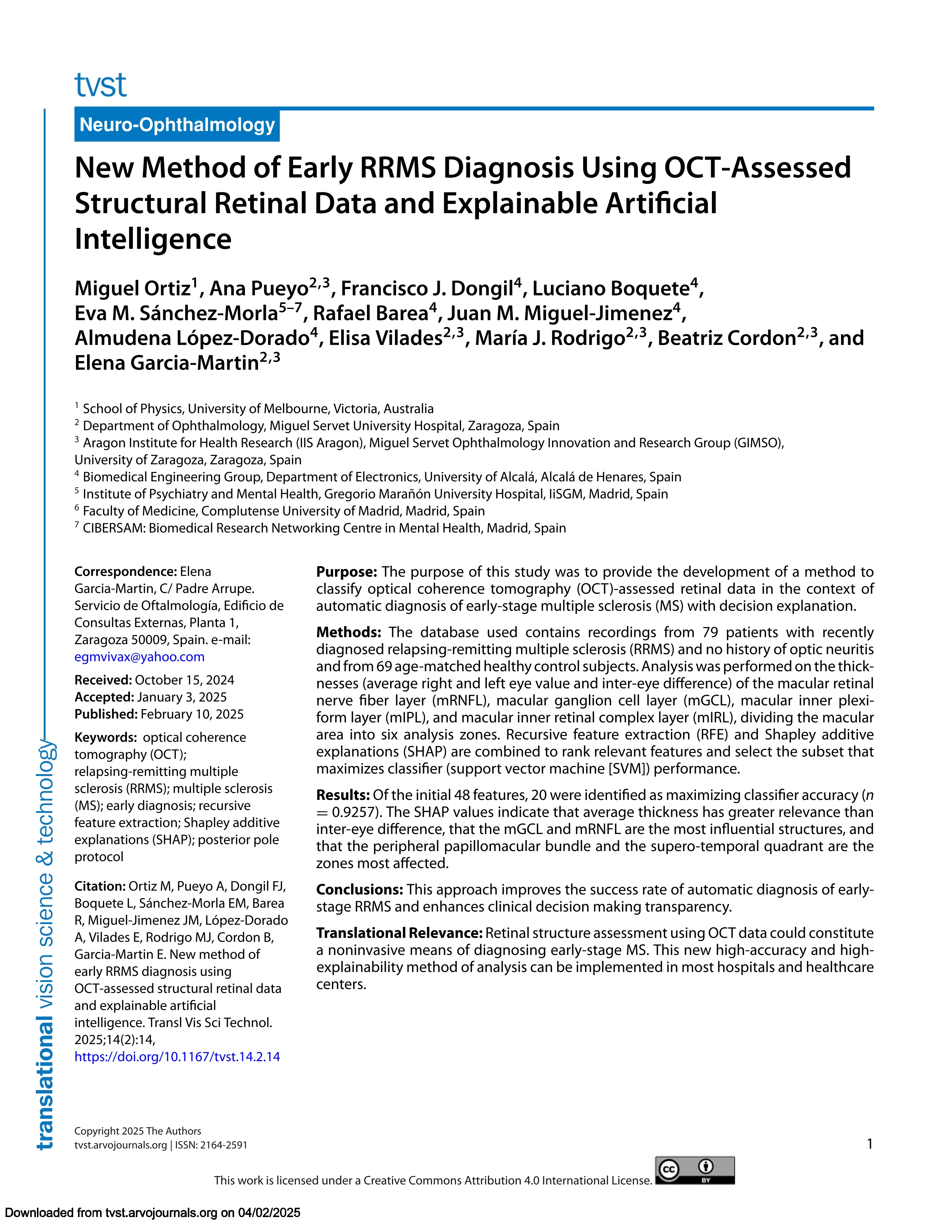 New Method of Early RRMS Diagnosis Using OCT-Assessed Structural Retinal Data and Explainable Artificial Intelligence