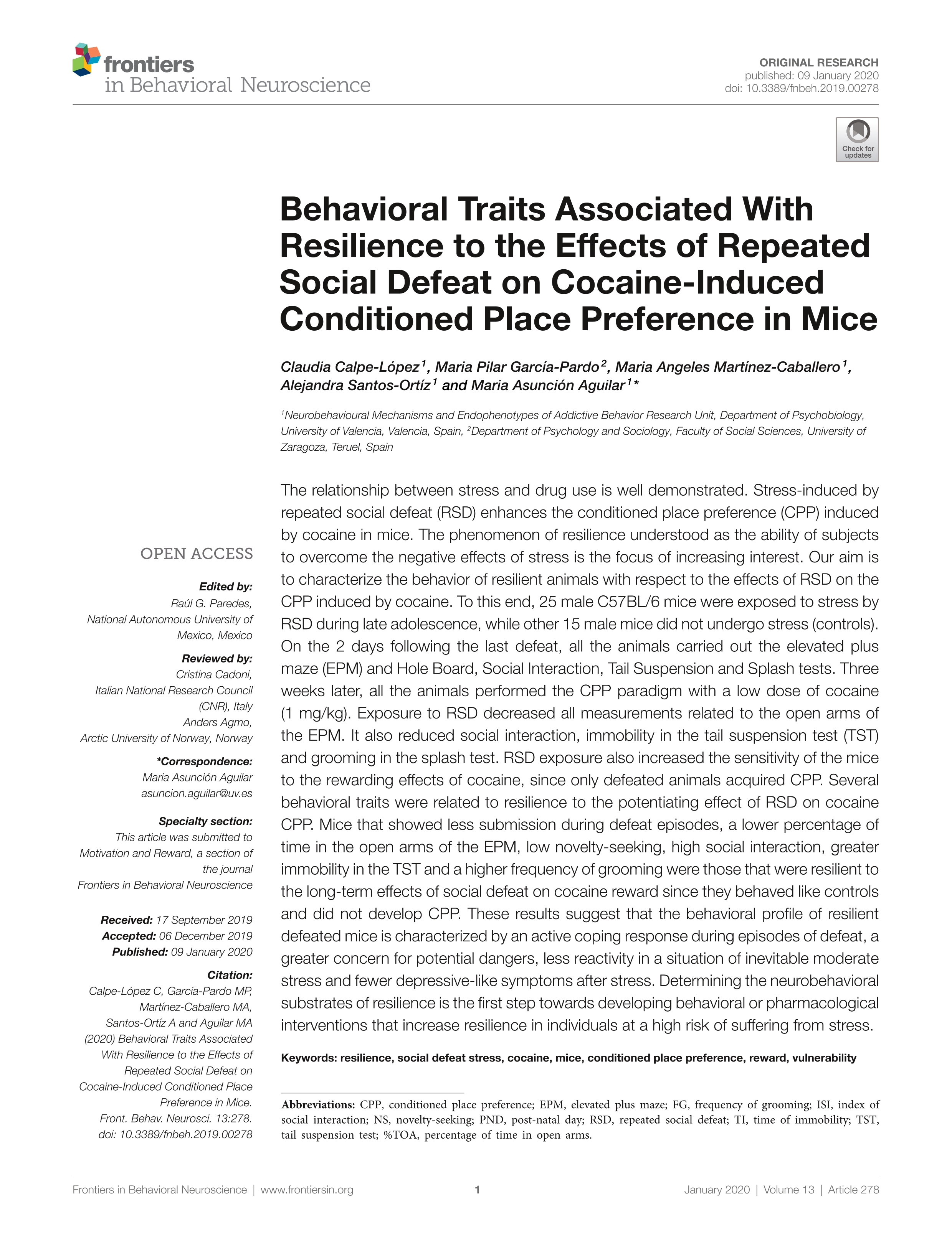 Behavioral Traits Associated With Resilience to the Effects of Repeated Social Defeat on Cocaine-Induced Conditioned Place Preference in Mice