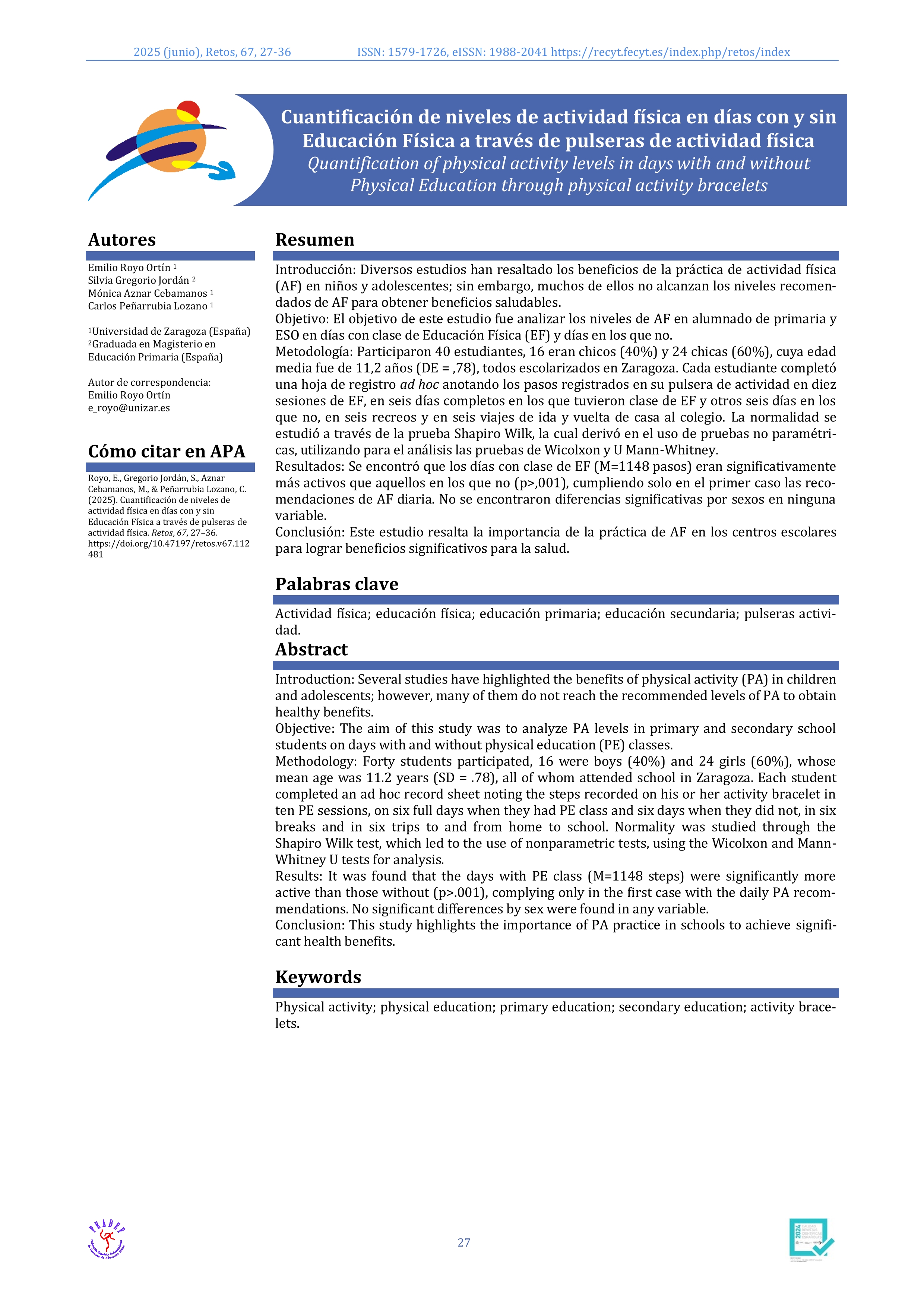 Cuantificación de niveles de actividad física en días con y sin Educación Física a través de pulseras de actividad física