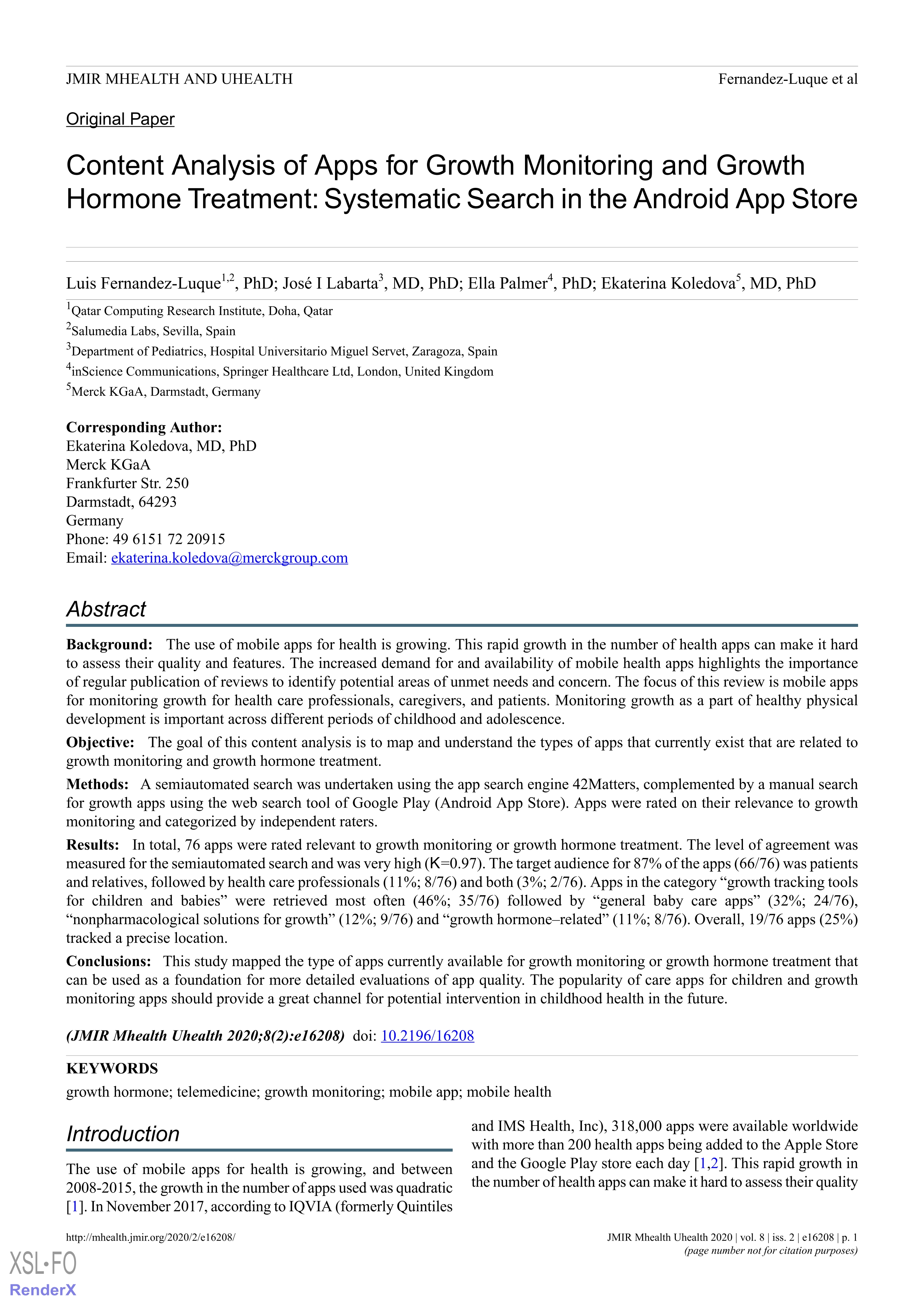 Content analysis of apps for growth monitoring and growth hormone treatment: Systematic search in the android app store