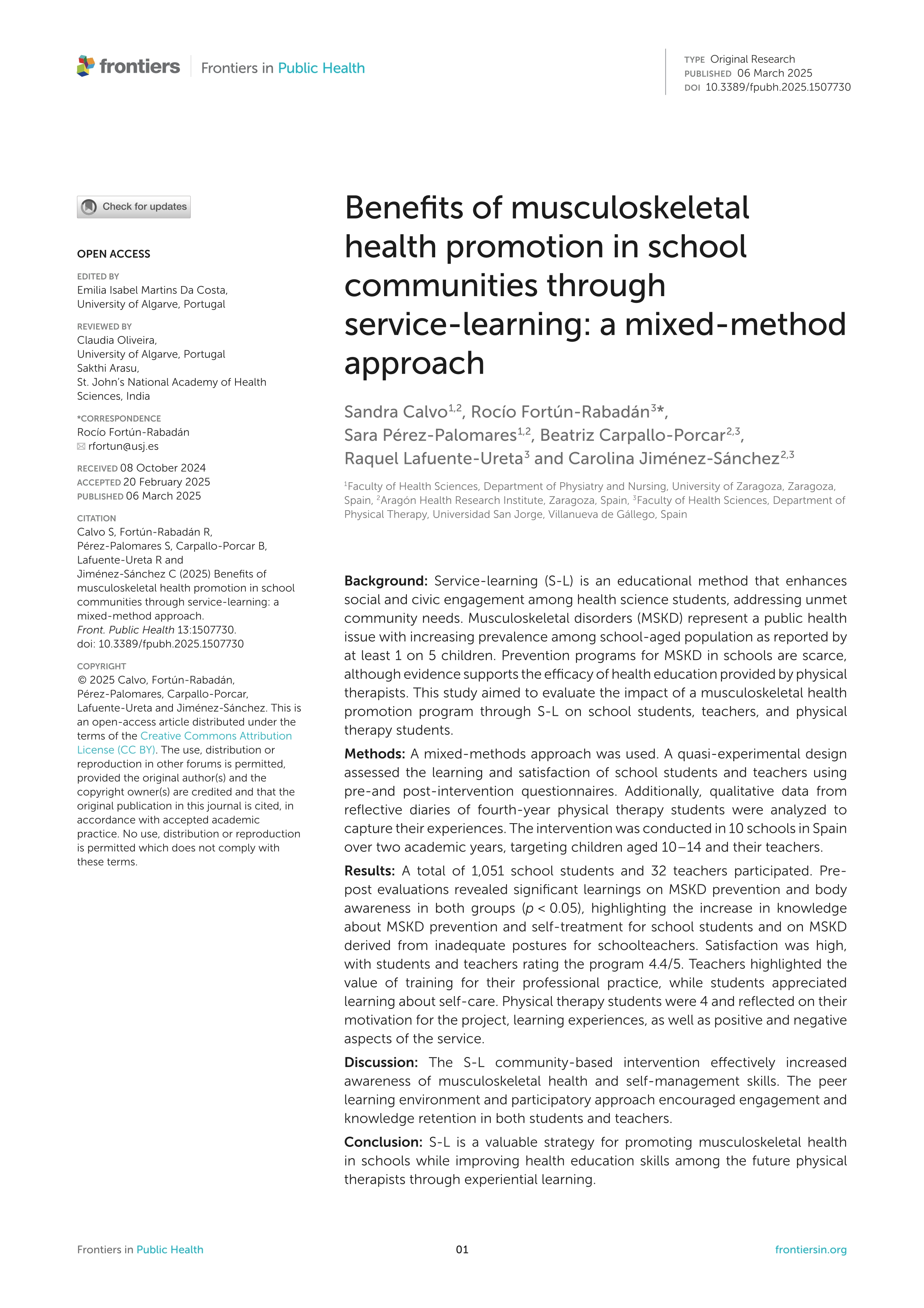 Benefits of musculoskeletal health promotion in school communities through service-learning: a mixed-method approach
