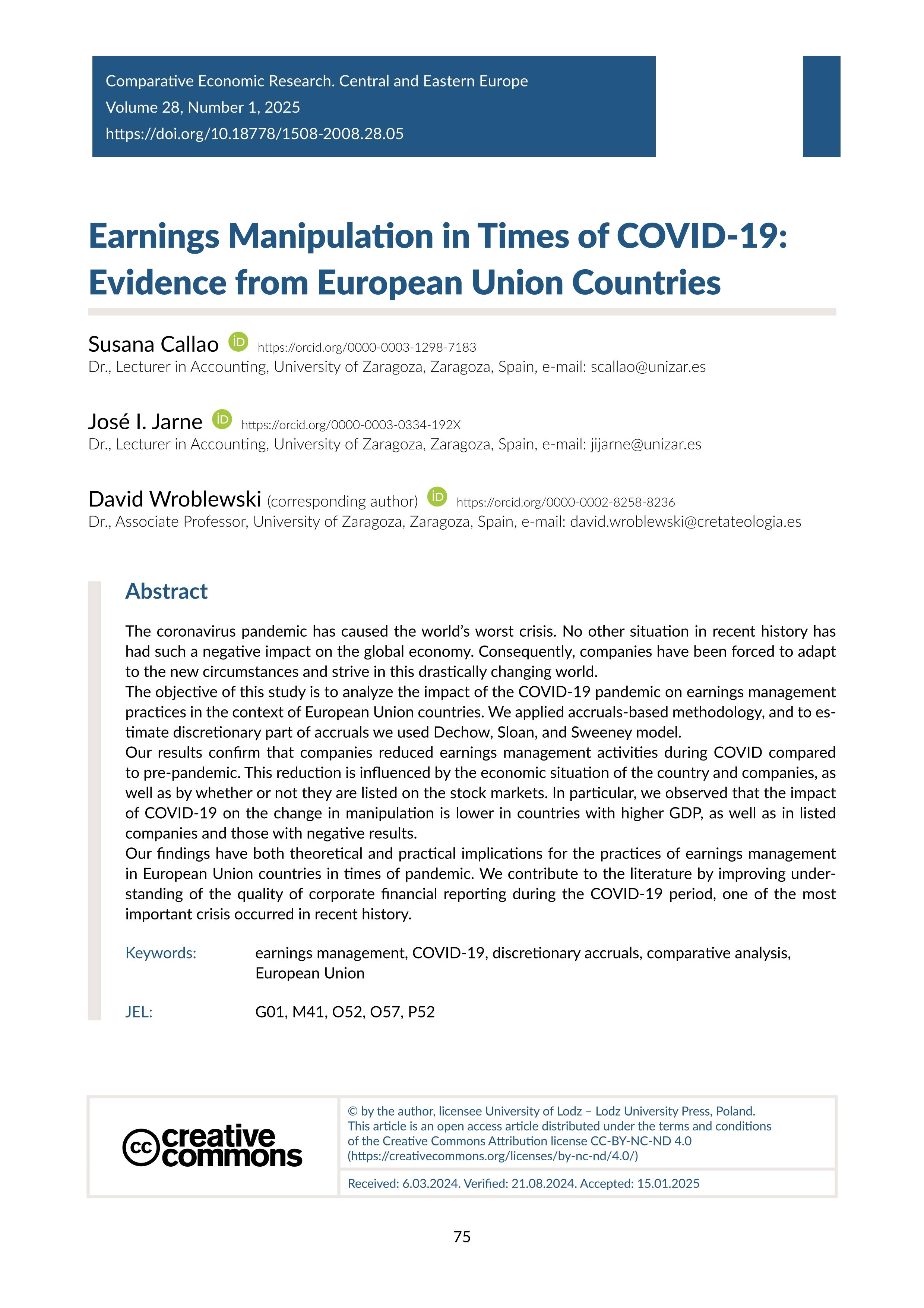 Earnings Manipulation in Times of COVID-19: Evidence from European Union Countries