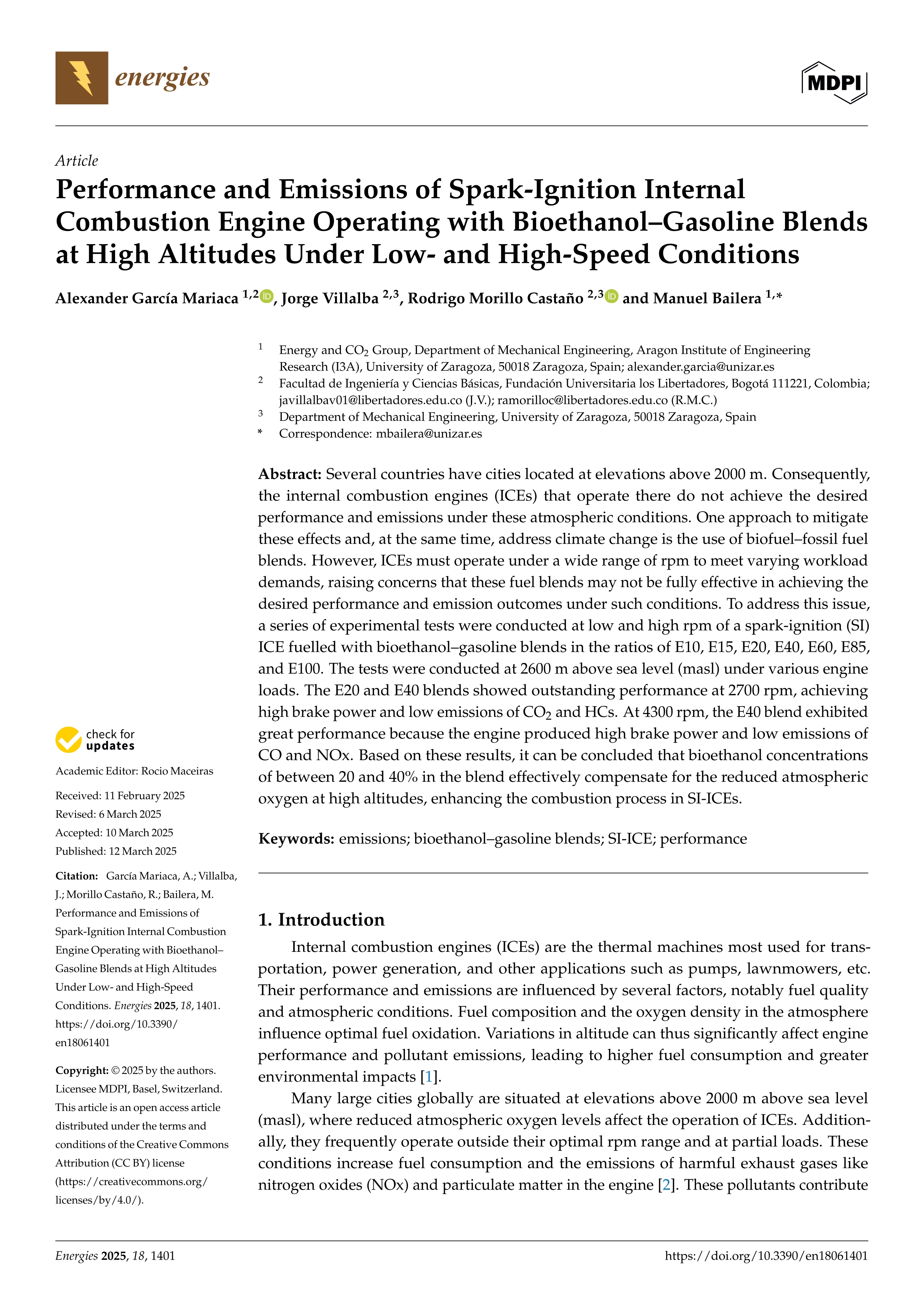 Performance and Emissions of Spark-Ignition Internal Combustion Engine Operating with Bioethanol–Gasoline Blends at High Altitudes Under Low- and High-Speed Conditions