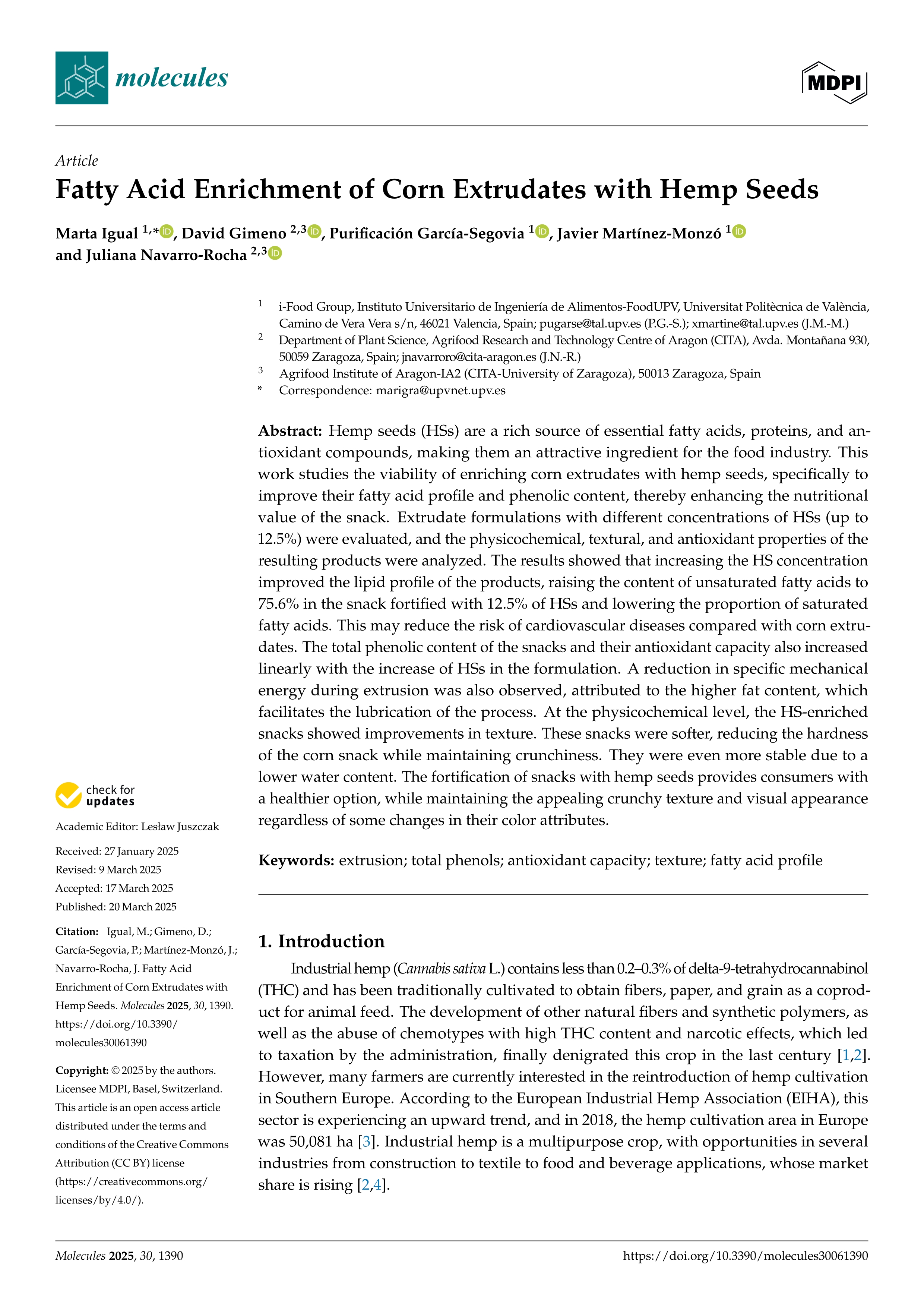 Fatty acid enrichment of corn extrudates with hemp seeds