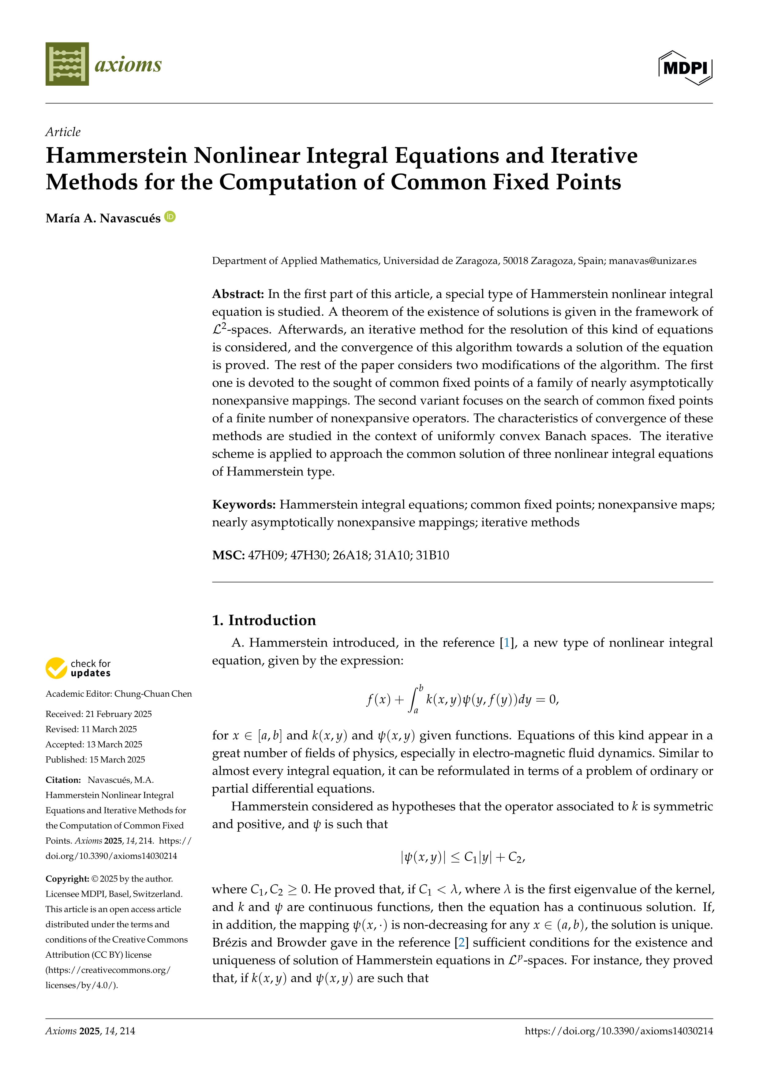 Hammerstein Nonlinear Integral Equations and Iterative Methods for the Computation of Common Fixed Points