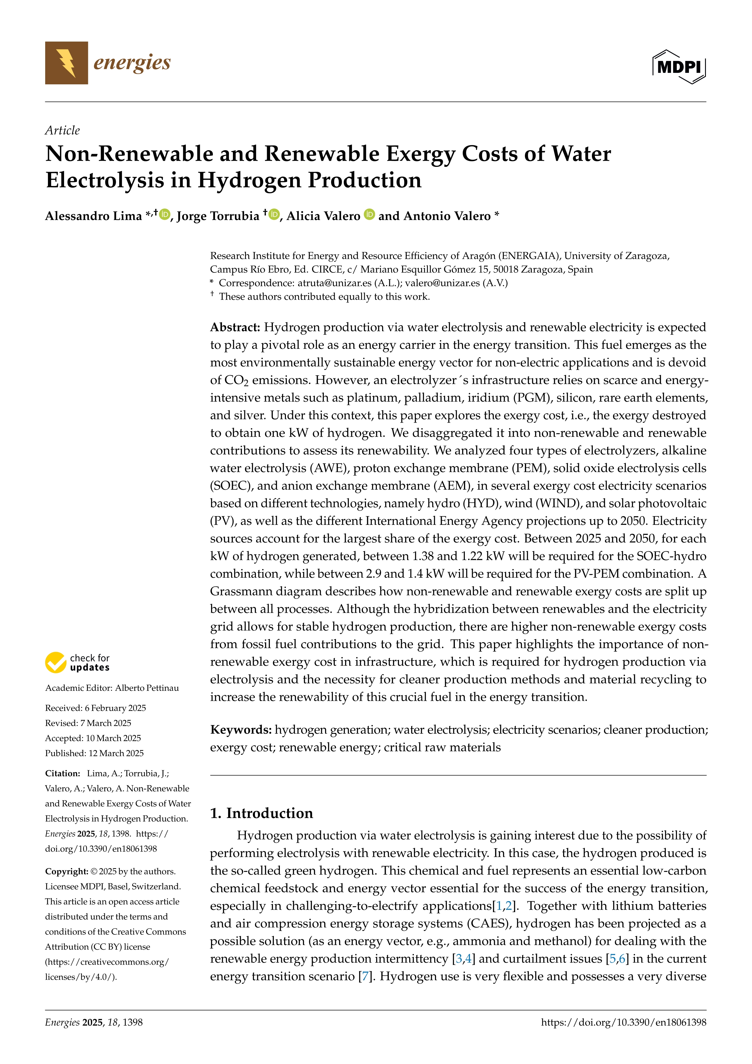 Non-renewable and renewable exergy costs of water electrolysis in hydrogen production