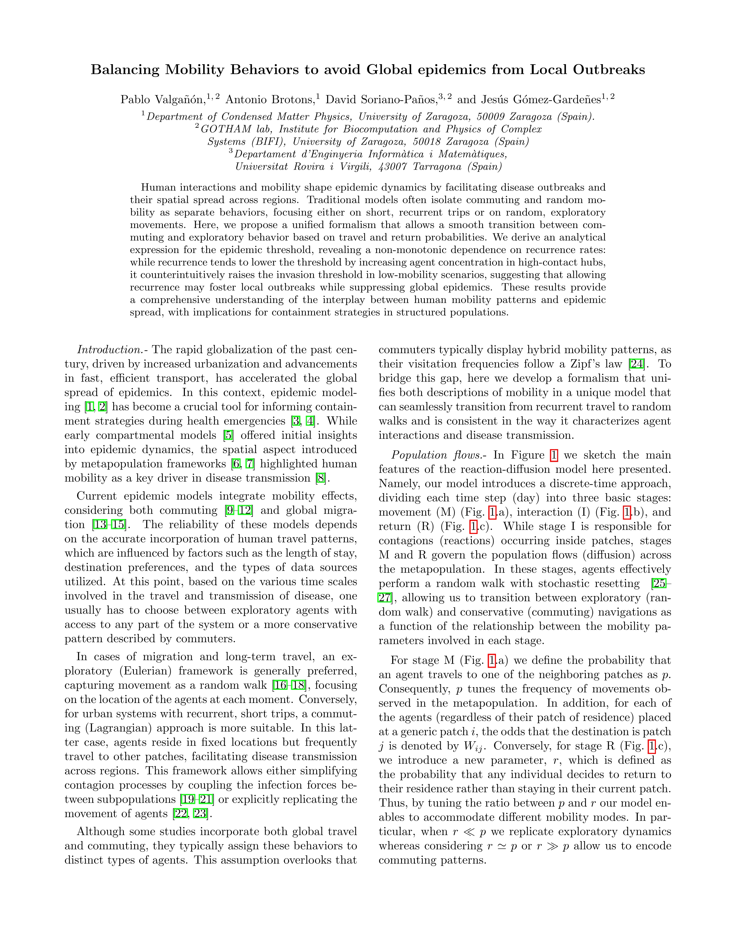 Balancing mobility behaviors to avoid global epidemics from local outbreaks
