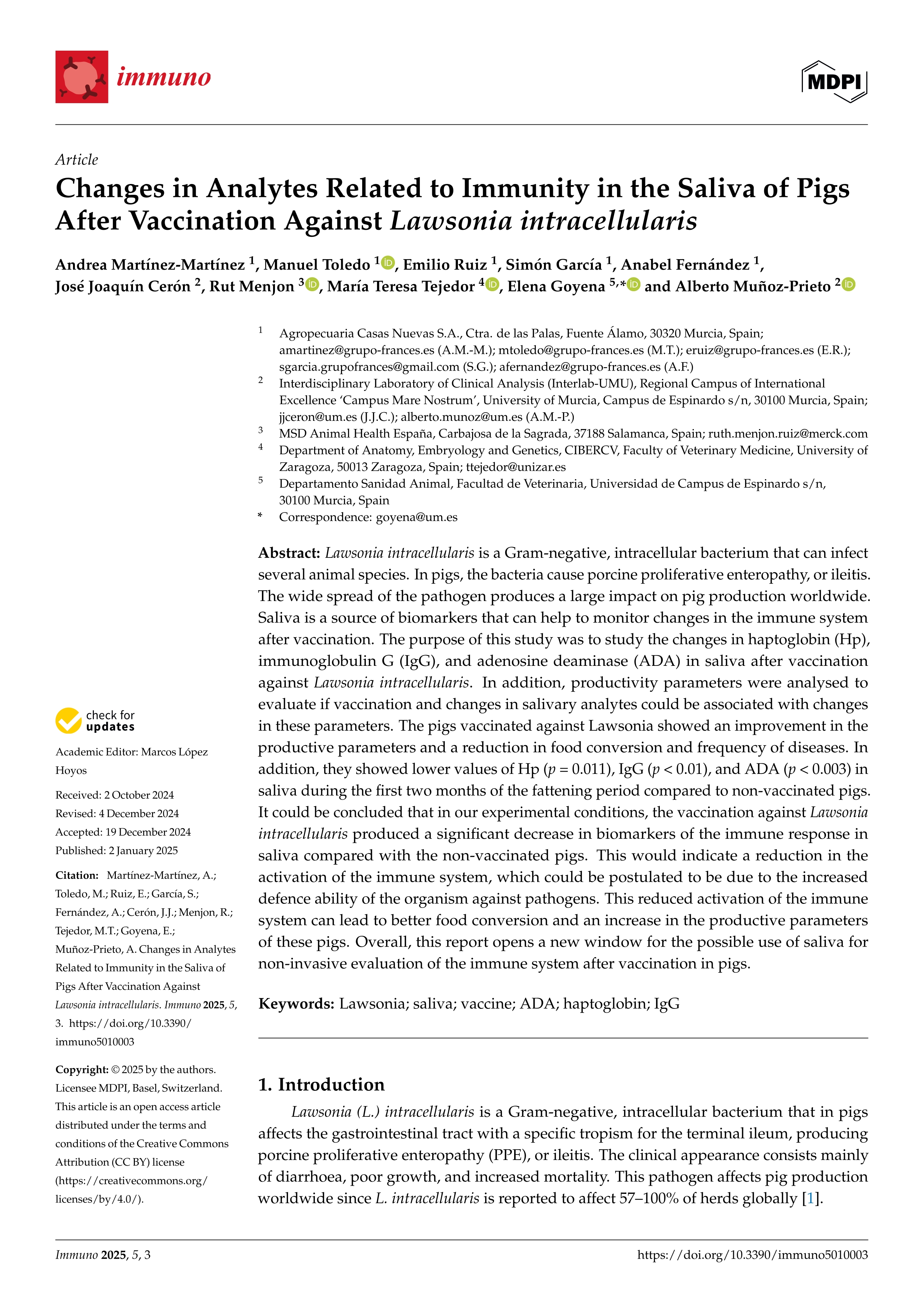Changes in analytes related to immunity in the saliva of pigs after Vaccination Against Lawsonia intracellularis