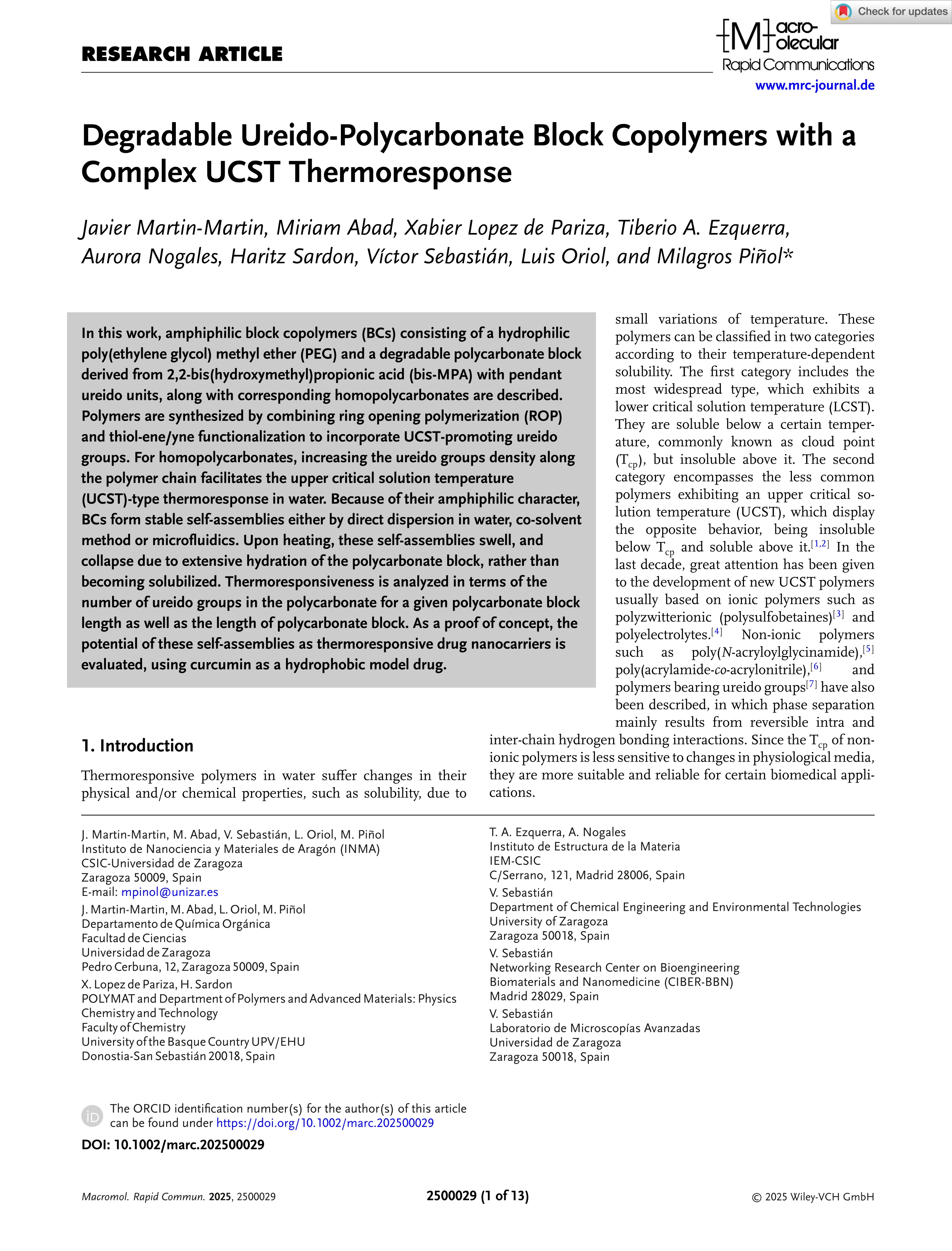 Degradable Ureido‐Polycarbonate Block Copolymers with a Complex UCST Thermoresponse