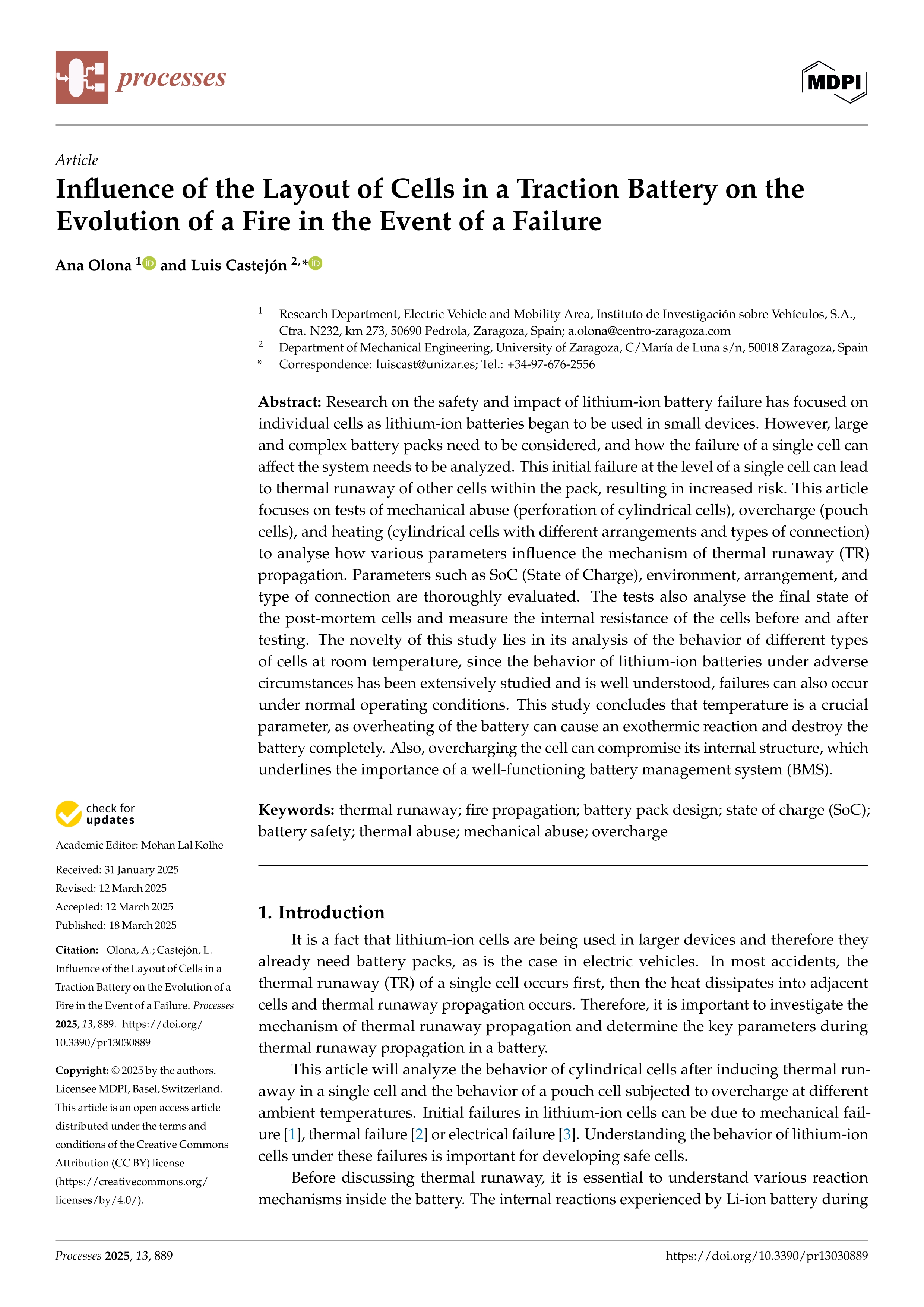 Influence of the Layout of Cells in a Traction Battery on the Evolution of a Fire in the Event of a Failure