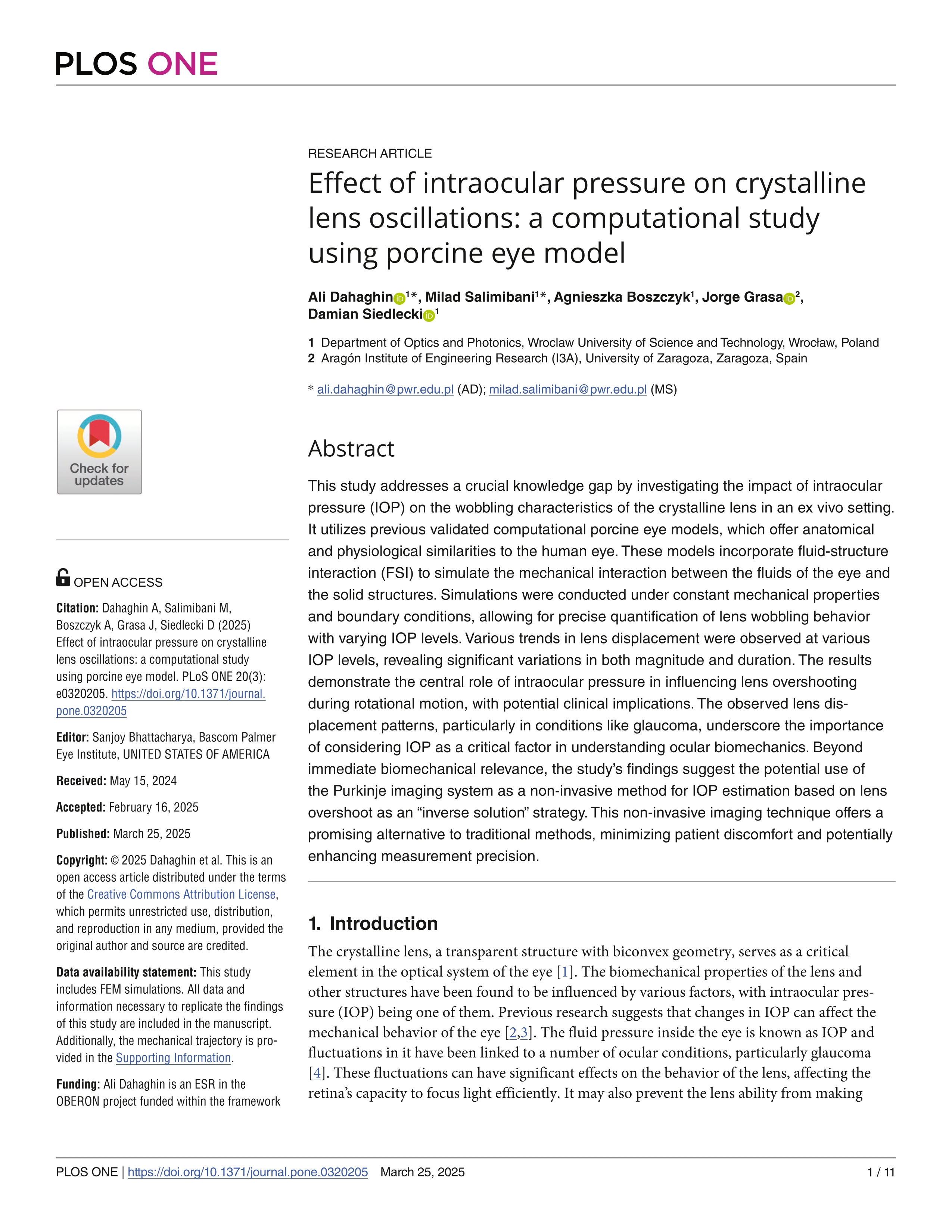 Effect of intraocular pressure on crystalline lens oscillations: a computational study using porcine eye model