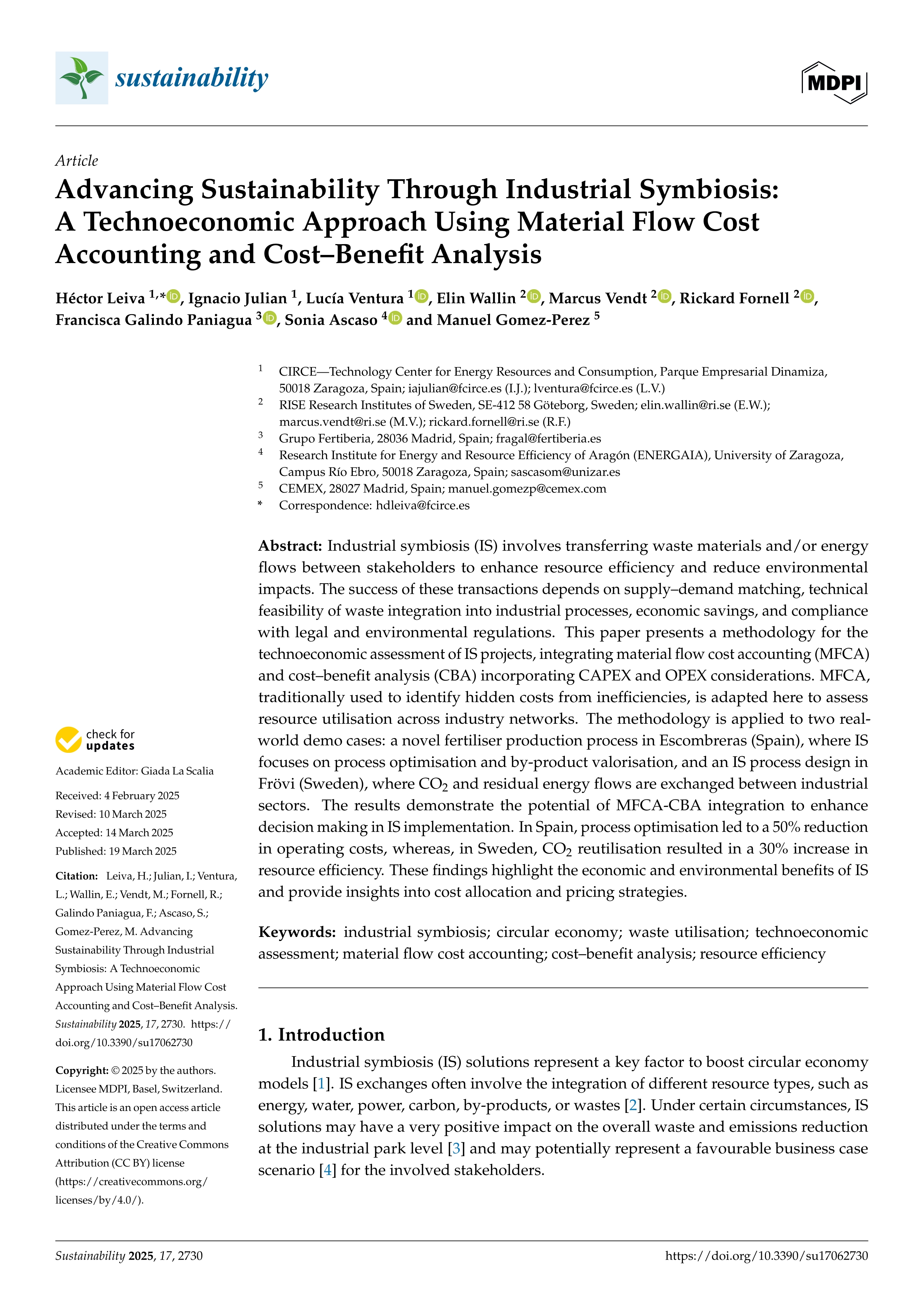 Advancing Sustainability Through Industrial Symbiosis: A Technoeconomic Approach Using Material Flow Cost Accounting and Cost–Benefit Analysis