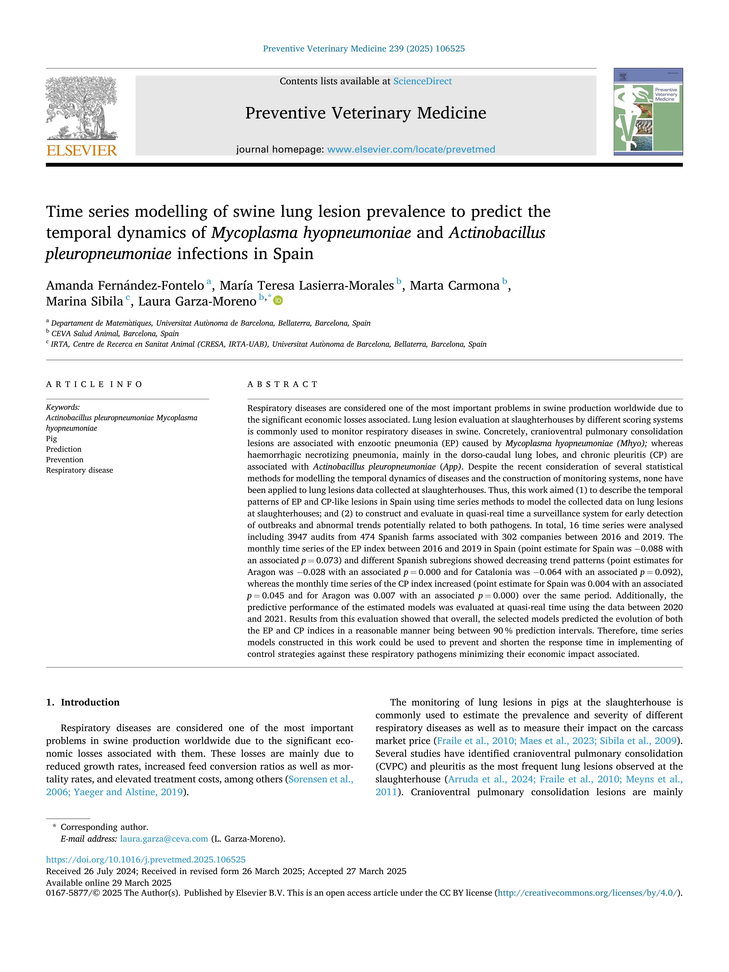 Time series modelling of swine lung lesion prevalence to predict the temporal dynamics of Mycoplasma hyopneumoniae and Actinobacillus pleuropneumoniae infections in Spain