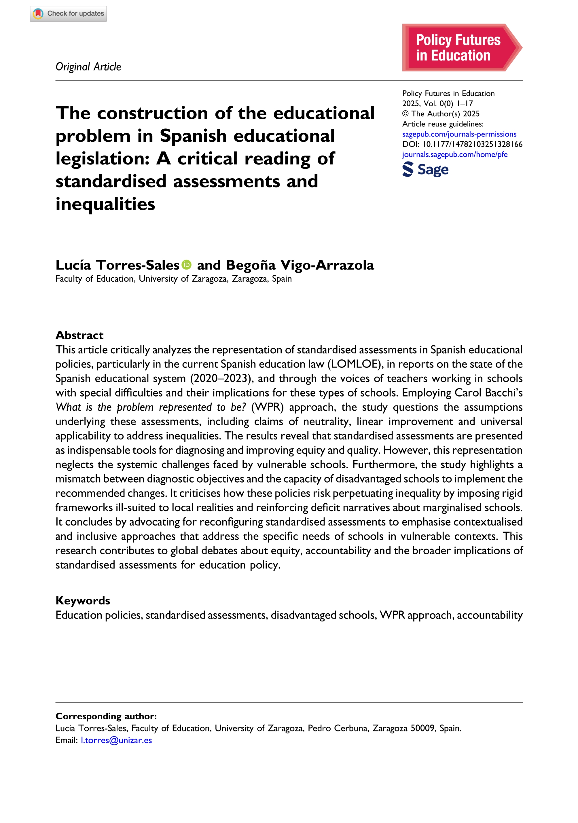 The construction of the educational problem in Spanish educational legislation: A critical reading of standardised assessments and inequalities