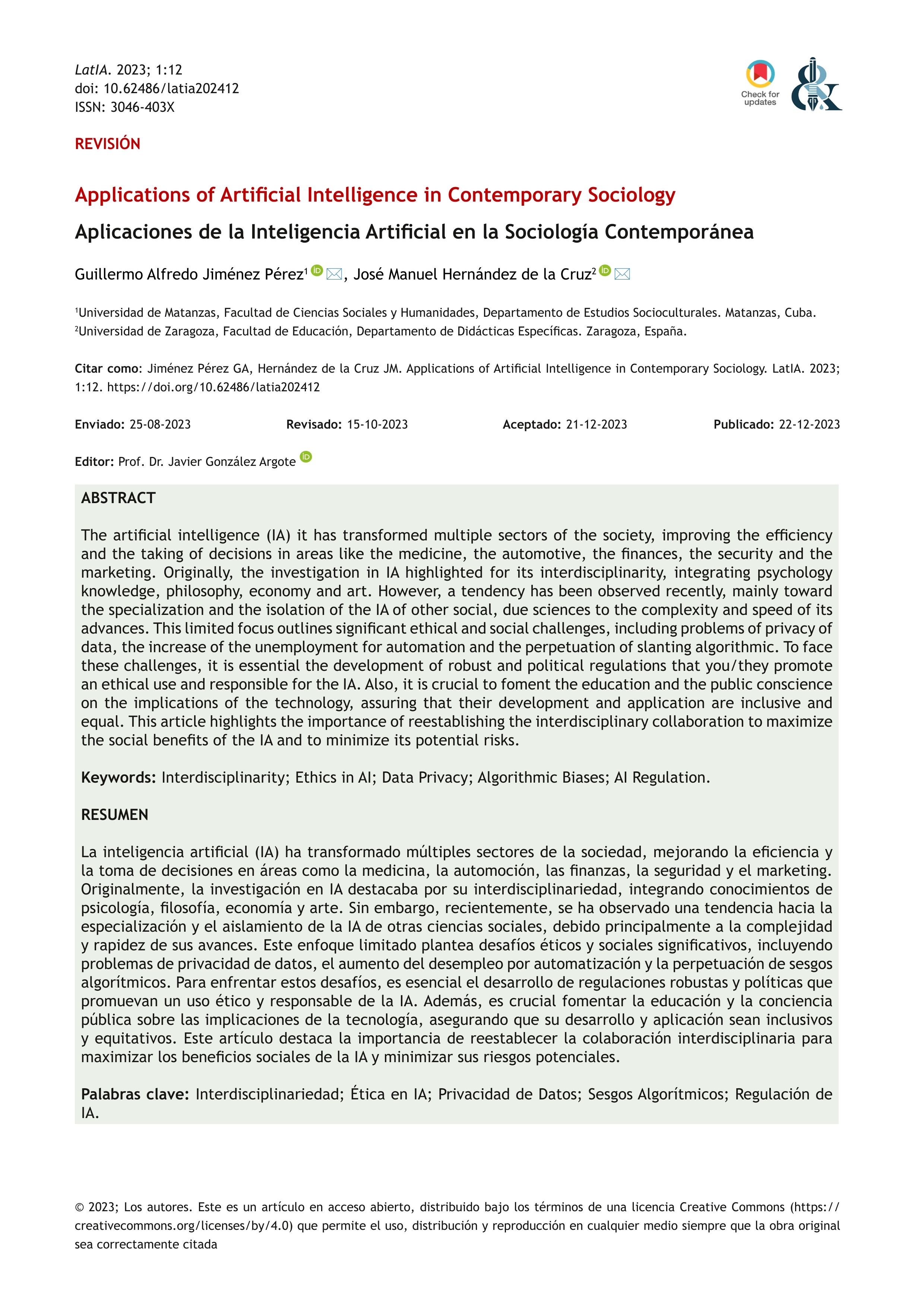 Applications of artificial intelligence in contemporary sociology = Aplicaciones de la Inteligencia Artificial en la Sociología Contemporánea