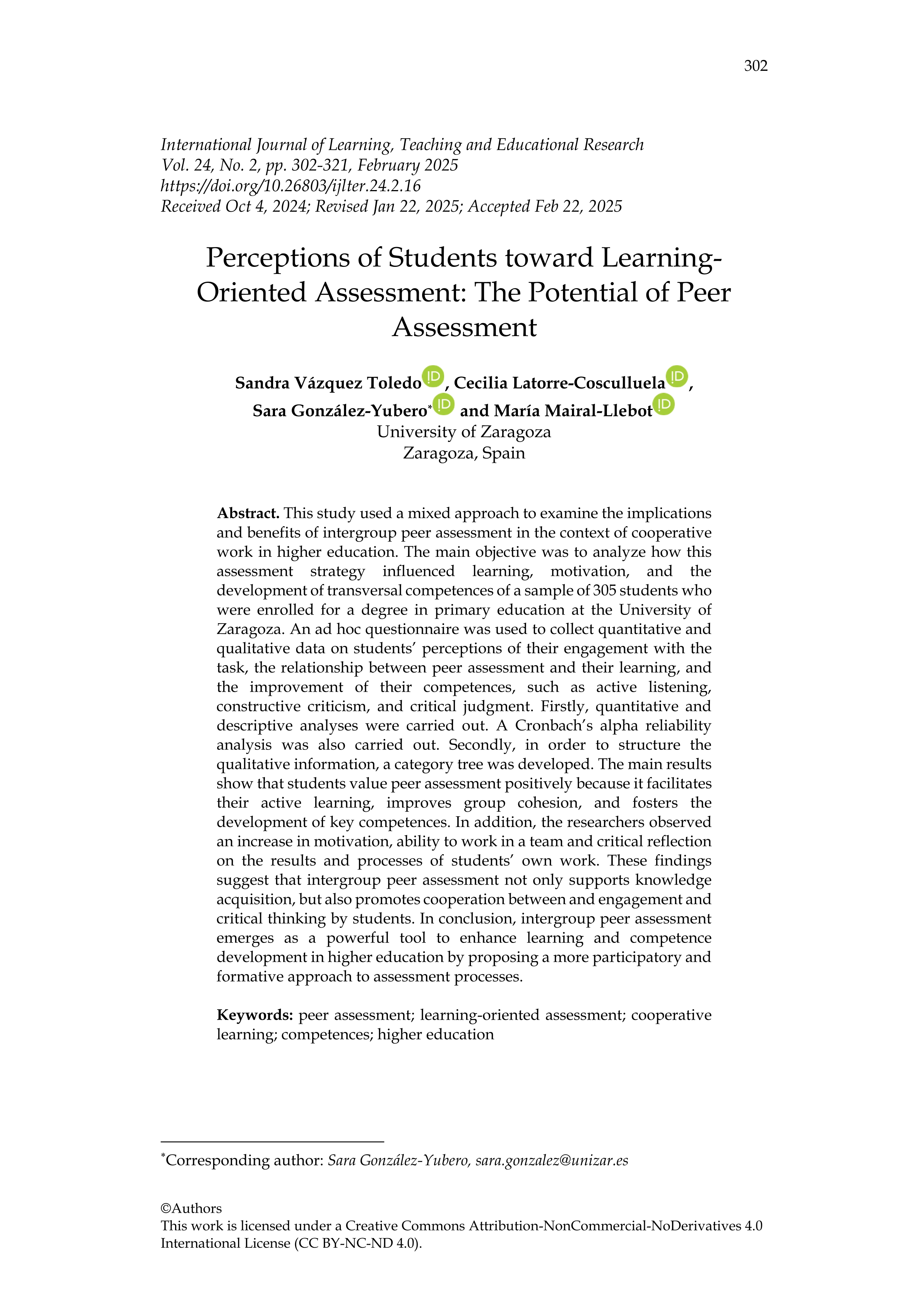 Perceptions of Students toward Learning-Oriented Assessment: The Potential of Peer Assessment
