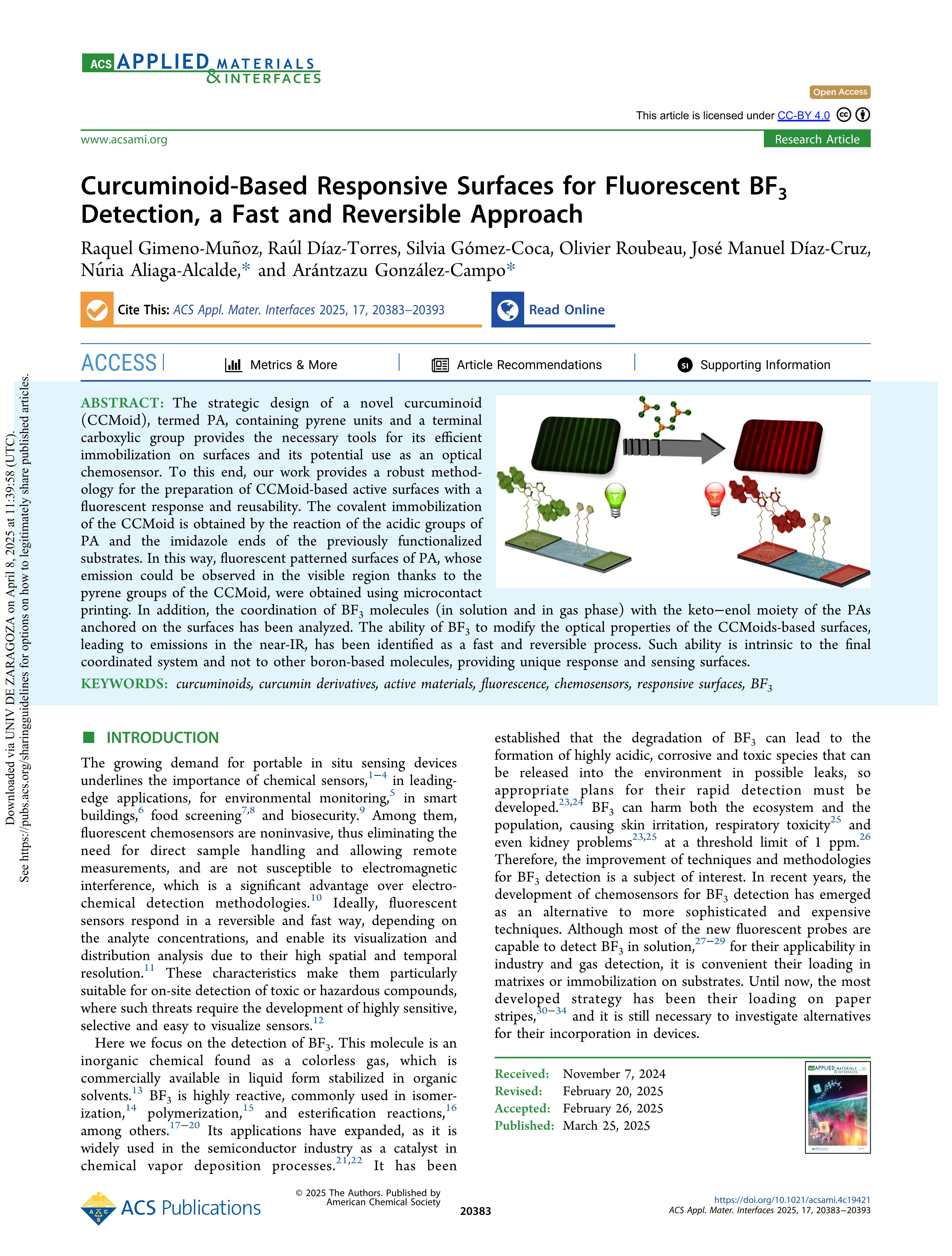 Curcuminoid-Based Responsive Surfaces for Fluorescent BF<sub>3</sub> Detection, a Fast and Reversible Approach