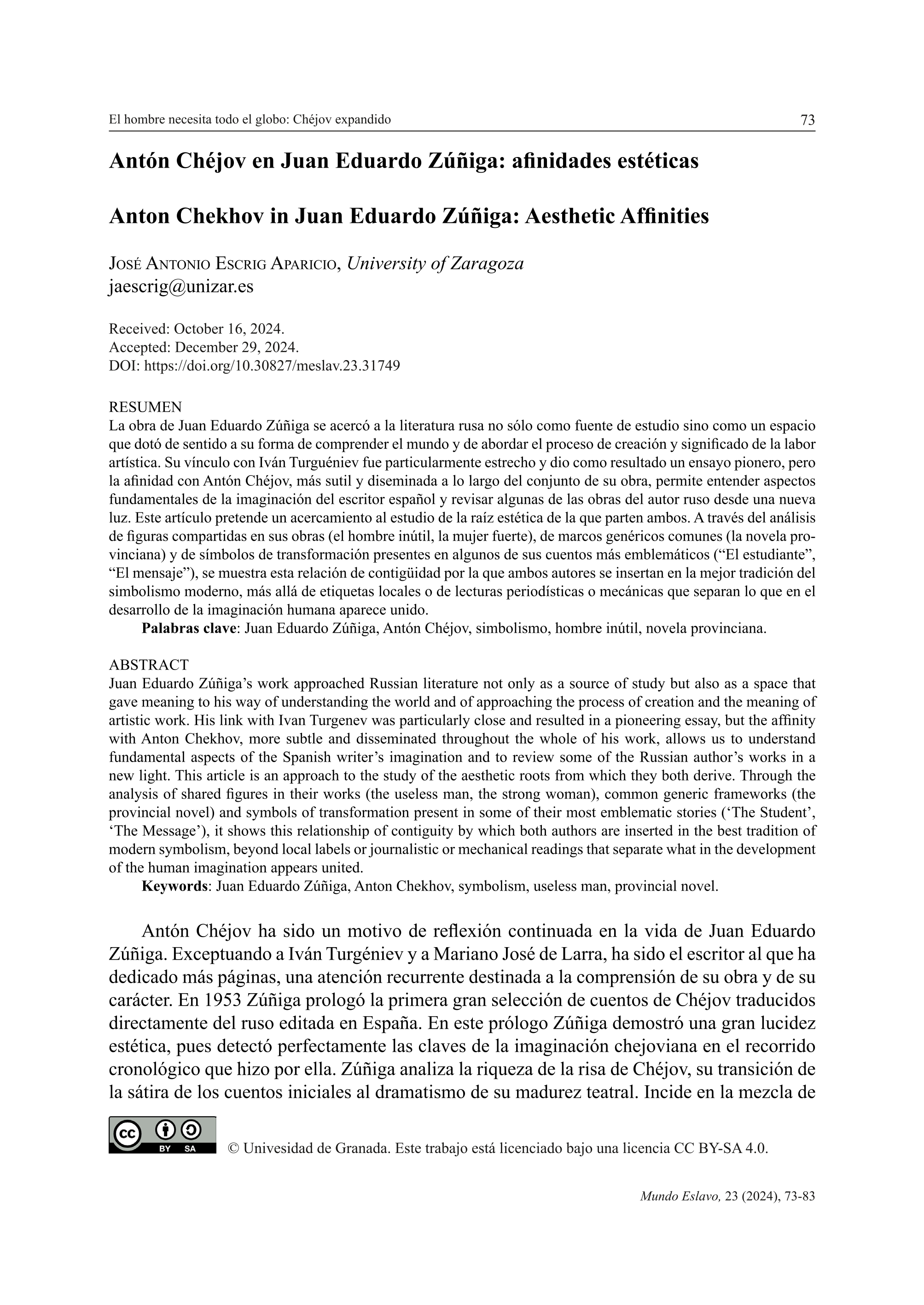 Antón Chéjov en Juan Eduardo Zúñiga: afinidades estéticas