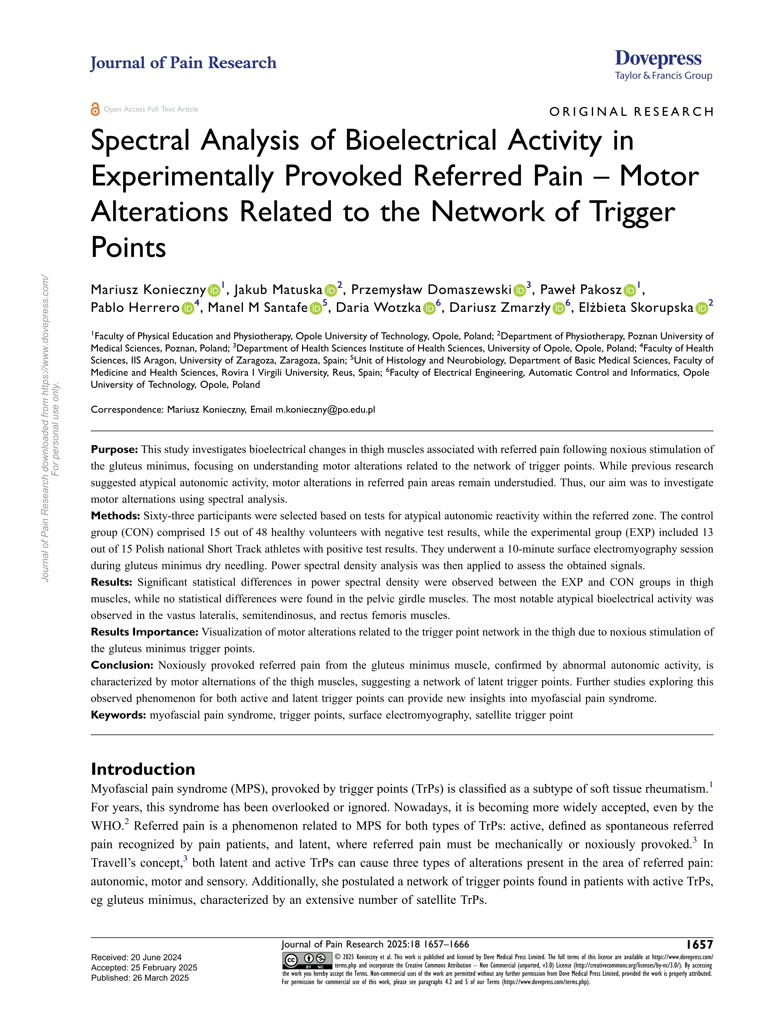 Spectral analysis of bioelectrical activity in experimentally provoked referred pain - motor alterations related to the network of trigger points