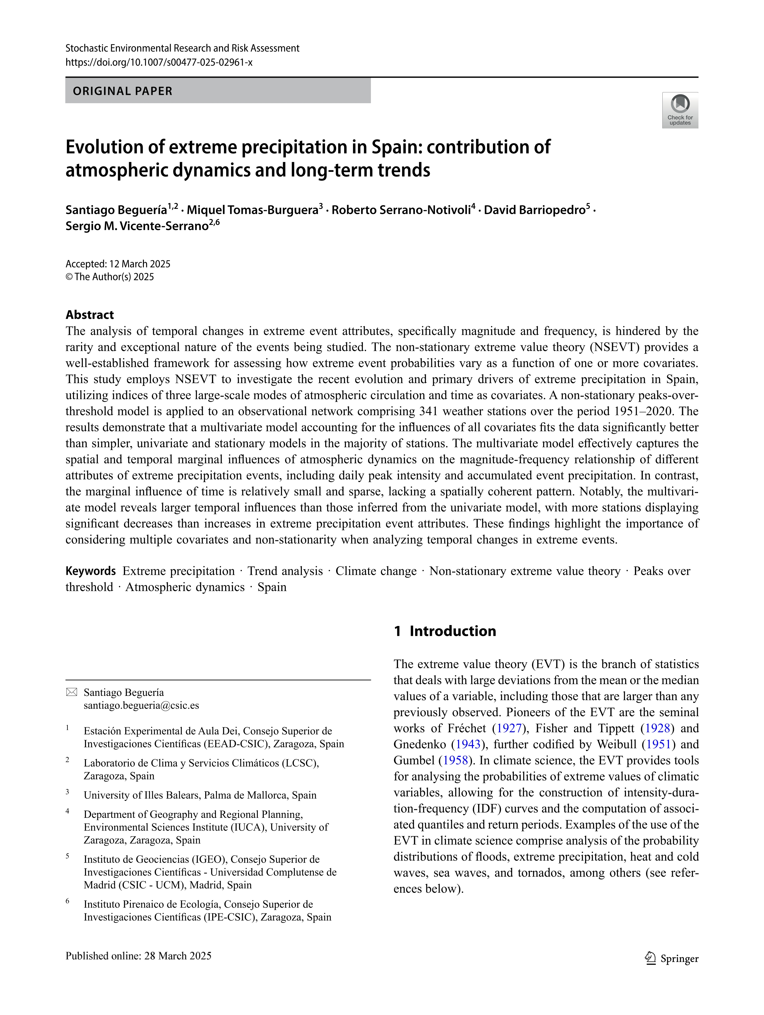 Evolution of extreme precipitation in Spain: contribution of atmospheric dynamics and long-term trends